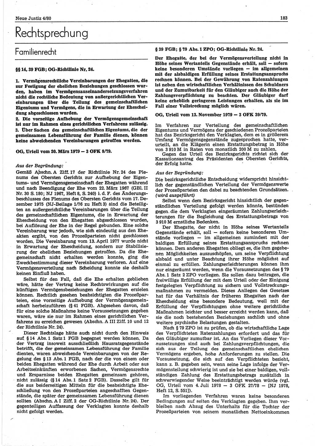 Neue Justiz (NJ), Zeitschrift für sozialistisches Recht und Gesetzlichkeit [Deutsche Demokratische Republik (DDR)], 34. Jahrgang 1980, Seite 183 (NJ DDR 1980, S. 183)