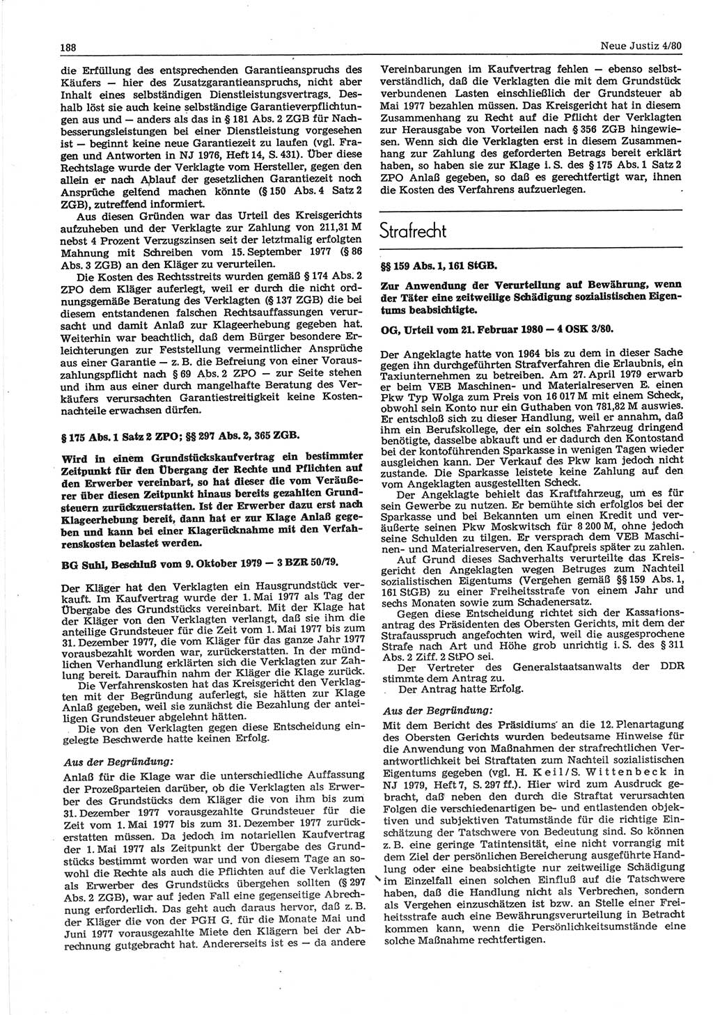 Neue Justiz (NJ), Zeitschrift für sozialistisches Recht und Gesetzlichkeit [Deutsche Demokratische Republik (DDR)], 34. Jahrgang 1980, Seite 188 (NJ DDR 1980, S. 188)