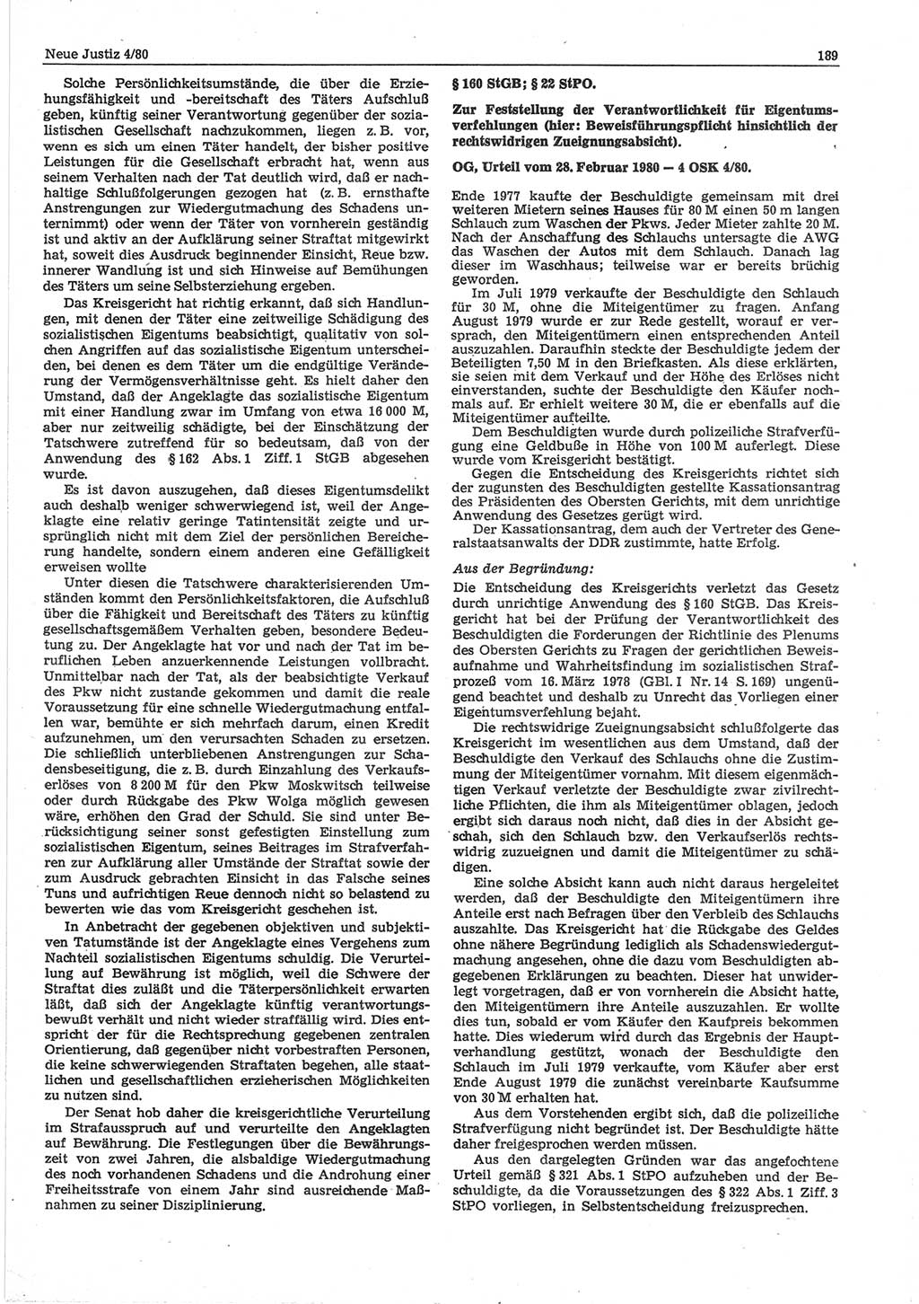 Neue Justiz (NJ), Zeitschrift für sozialistisches Recht und Gesetzlichkeit [Deutsche Demokratische Republik (DDR)], 34. Jahrgang 1980, Seite 189 (NJ DDR 1980, S. 189)