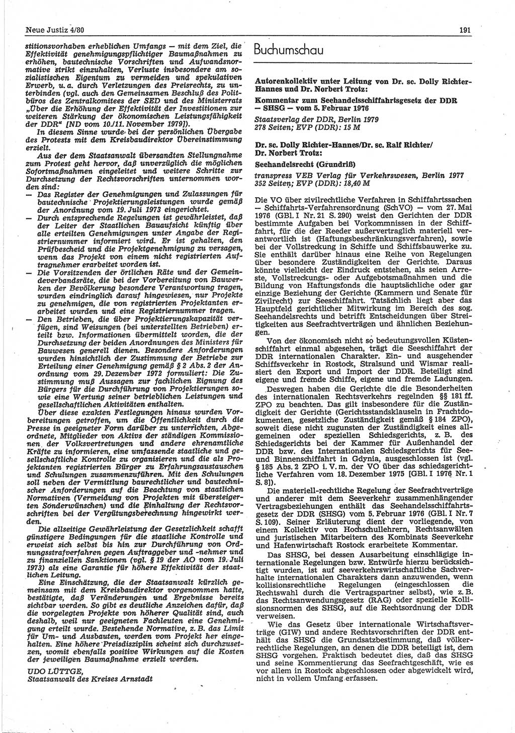 Neue Justiz (NJ), Zeitschrift für sozialistisches Recht und Gesetzlichkeit [Deutsche Demokratische Republik (DDR)], 34. Jahrgang 1980, Seite 191 (NJ DDR 1980, S. 191)