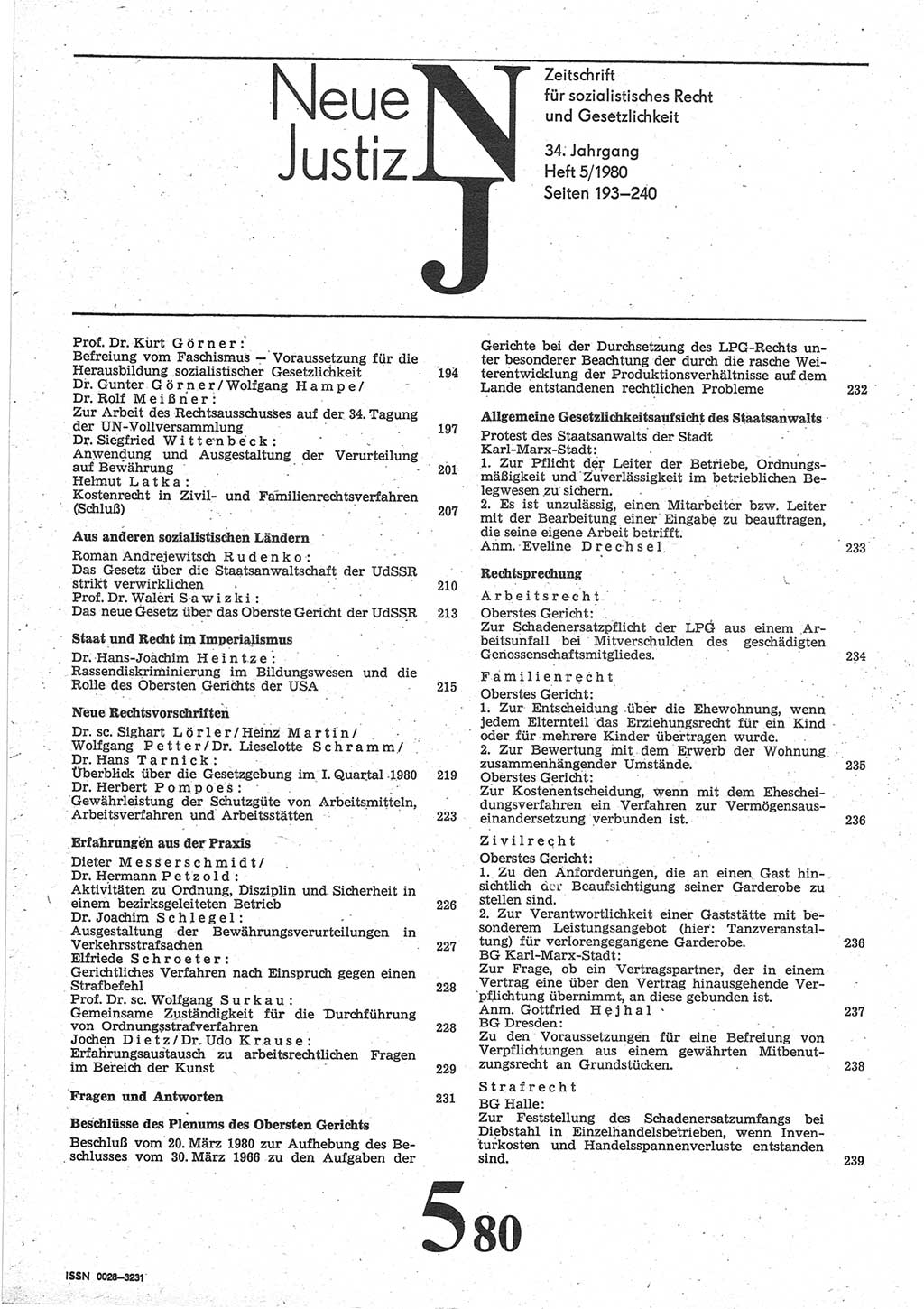 Neue Justiz (NJ), Zeitschrift für sozialistisches Recht und Gesetzlichkeit [Deutsche Demokratische Republik (DDR)], 34. Jahrgang 1980, Seite 193 (NJ DDR 1980, S. 193)