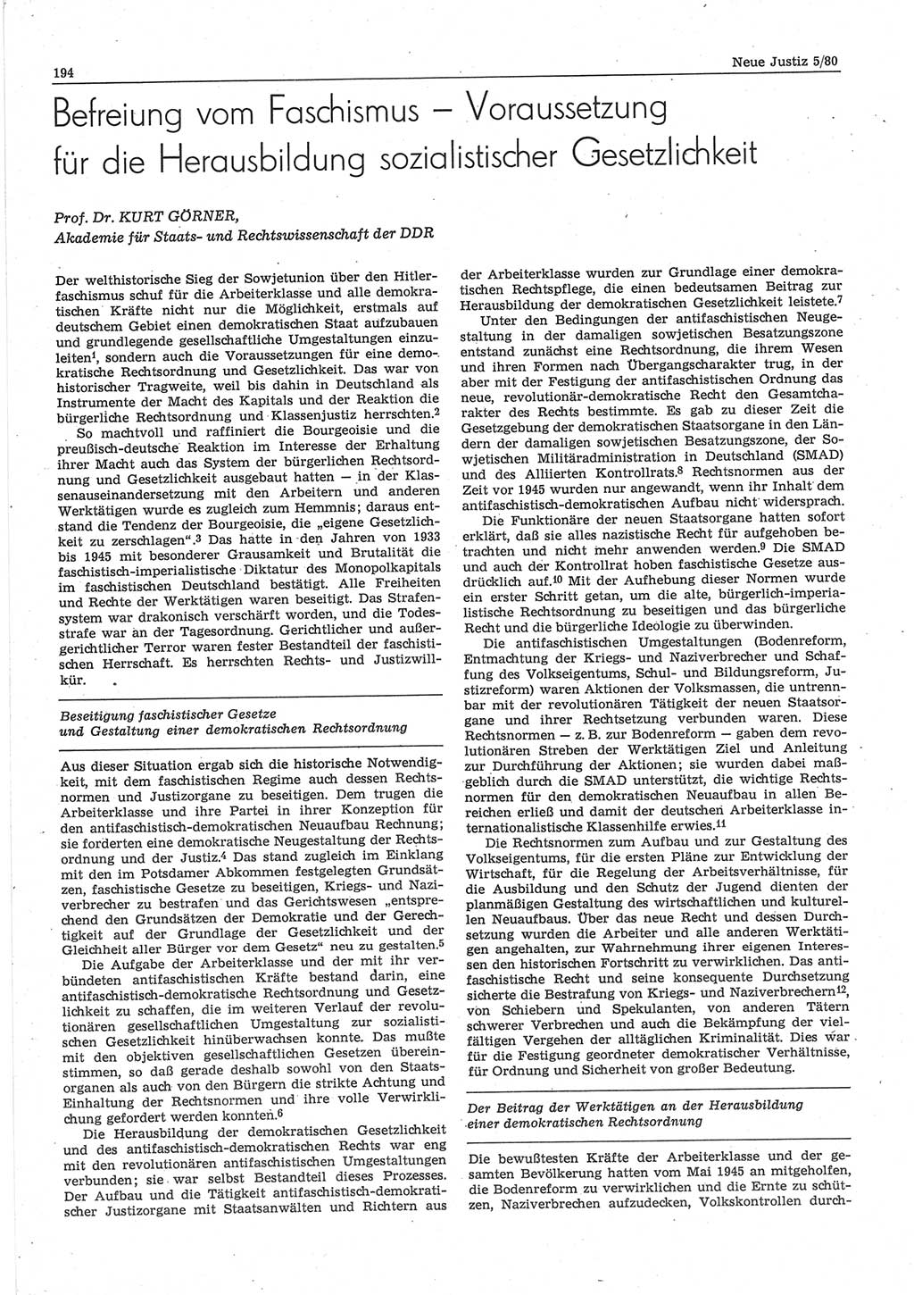 Neue Justiz (NJ), Zeitschrift für sozialistisches Recht und Gesetzlichkeit [Deutsche Demokratische Republik (DDR)], 34. Jahrgang 1980, Seite 194 (NJ DDR 1980, S. 194)