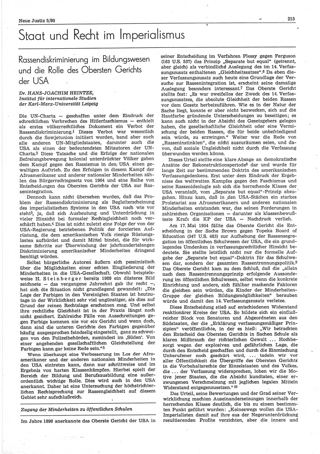 Neue Justiz (NJ), Zeitschrift für sozialistisches Recht und Gesetzlichkeit [Deutsche Demokratische Republik (DDR)], 34. Jahrgang 1980, Seite 215 (NJ DDR 1980, S. 215)