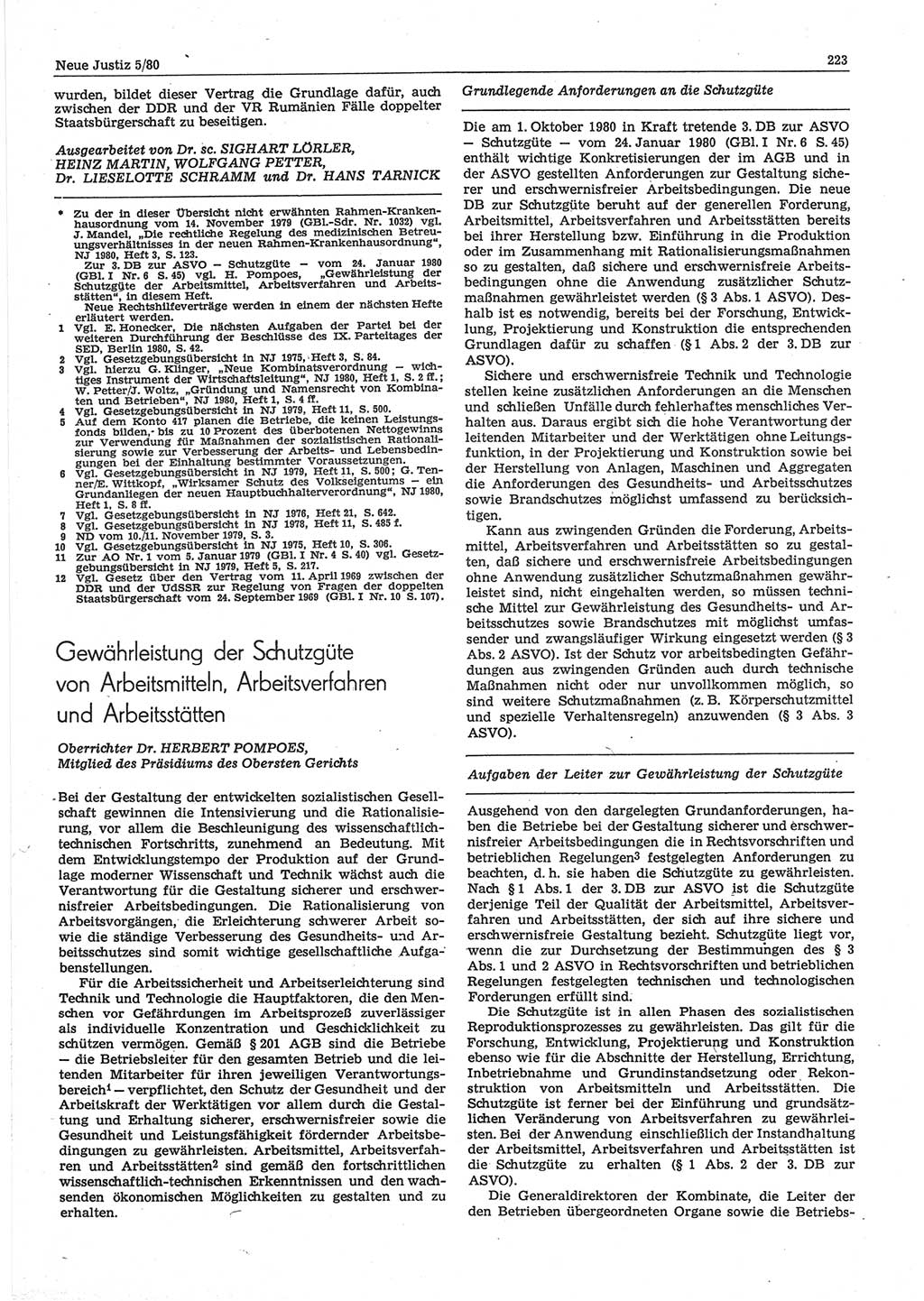 Neue Justiz (NJ), Zeitschrift für sozialistisches Recht und Gesetzlichkeit [Deutsche Demokratische Republik (DDR)], 34. Jahrgang 1980, Seite 223 (NJ DDR 1980, S. 223)