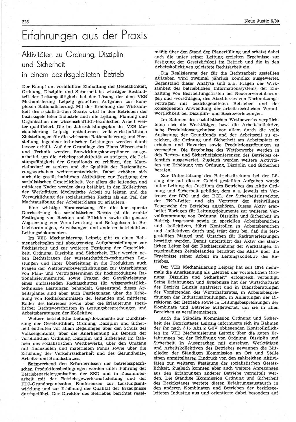 Neue Justiz (NJ), Zeitschrift für sozialistisches Recht und Gesetzlichkeit [Deutsche Demokratische Republik (DDR)], 34. Jahrgang 1980, Seite 226 (NJ DDR 1980, S. 226)