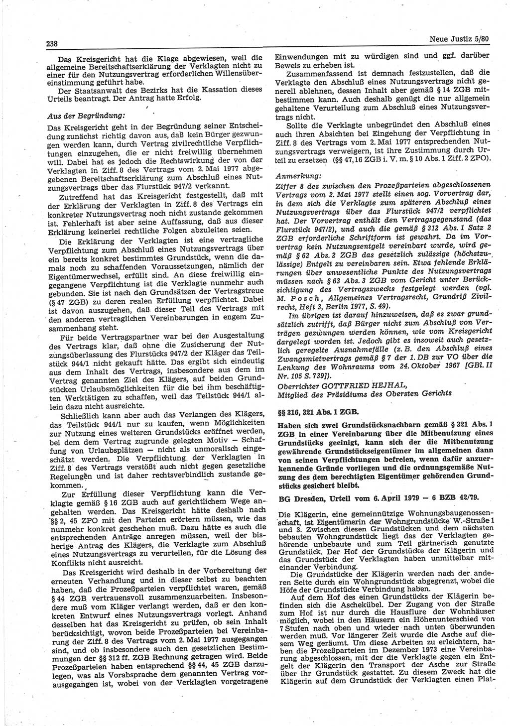 Neue Justiz (NJ), Zeitschrift für sozialistisches Recht und Gesetzlichkeit [Deutsche Demokratische Republik (DDR)], 34. Jahrgang 1980, Seite 238 (NJ DDR 1980, S. 238)