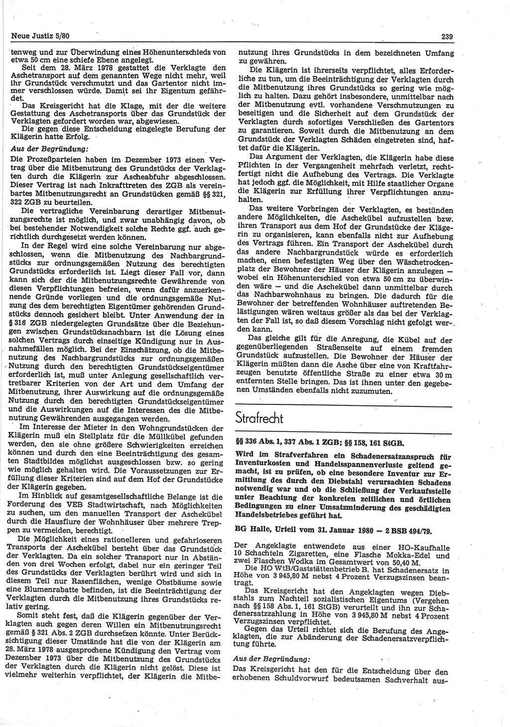Neue Justiz (NJ), Zeitschrift für sozialistisches Recht und Gesetzlichkeit [Deutsche Demokratische Republik (DDR)], 34. Jahrgang 1980, Seite 239 (NJ DDR 1980, S. 239)