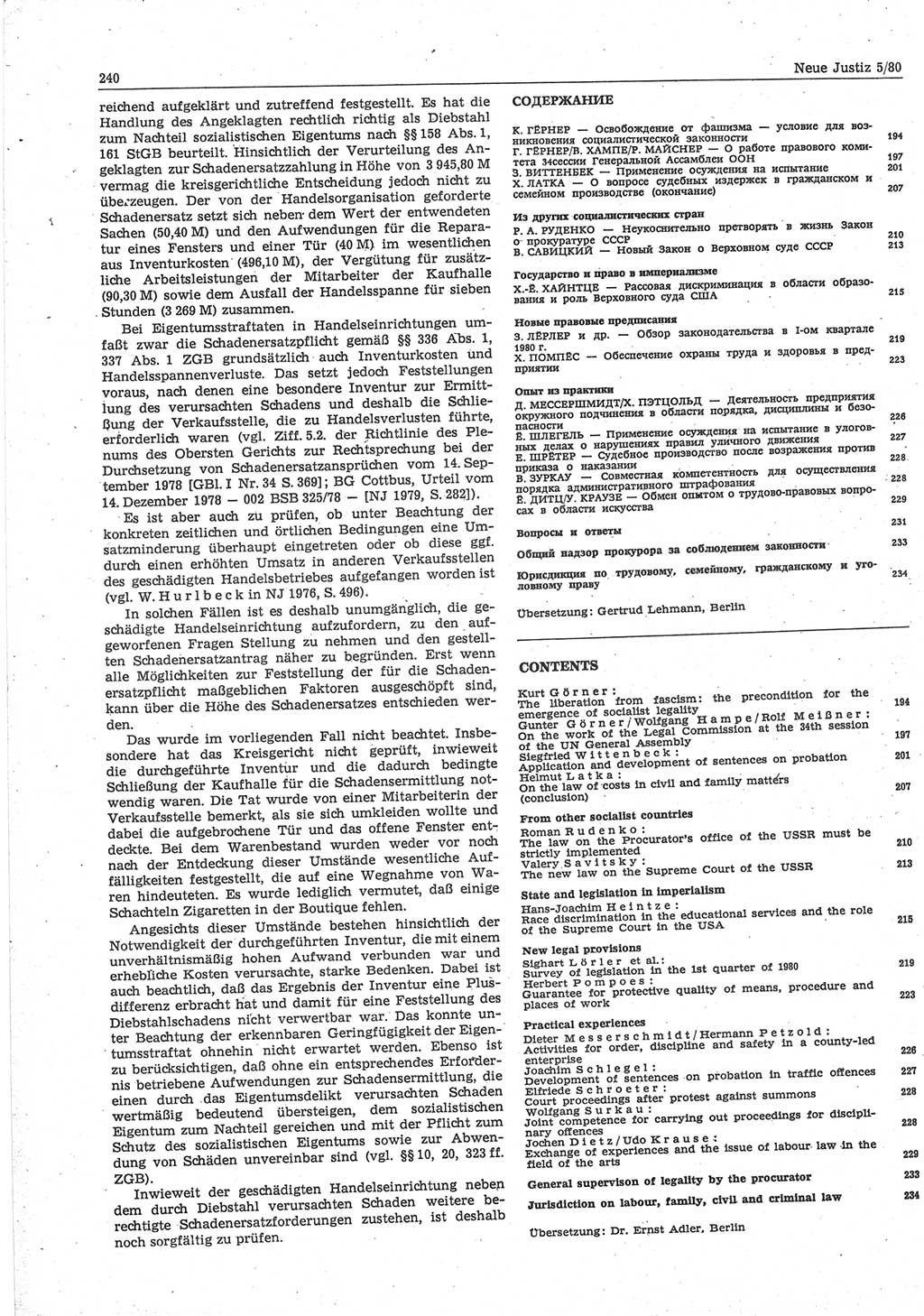 Neue Justiz (NJ), Zeitschrift für sozialistisches Recht und Gesetzlichkeit [Deutsche Demokratische Republik (DDR)], 34. Jahrgang 1980, Seite 240 (NJ DDR 1980, S. 240)
