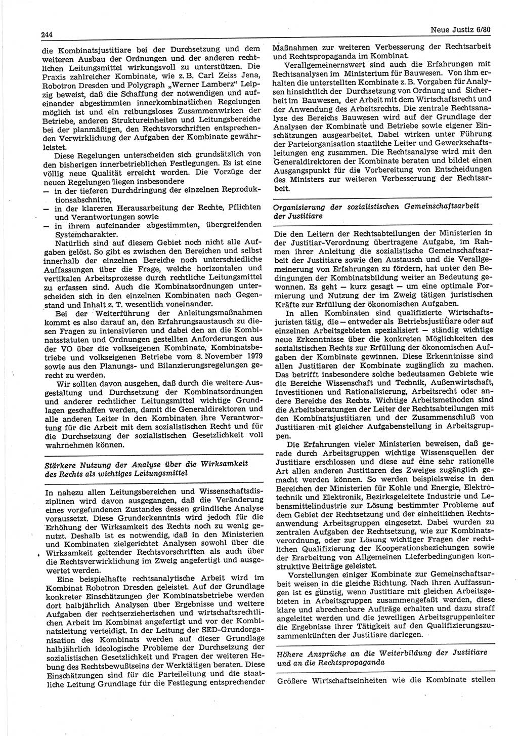 Neue Justiz (NJ), Zeitschrift für sozialistisches Recht und Gesetzlichkeit [Deutsche Demokratische Republik (DDR)], 34. Jahrgang 1980, Seite 244 (NJ DDR 1980, S. 244)