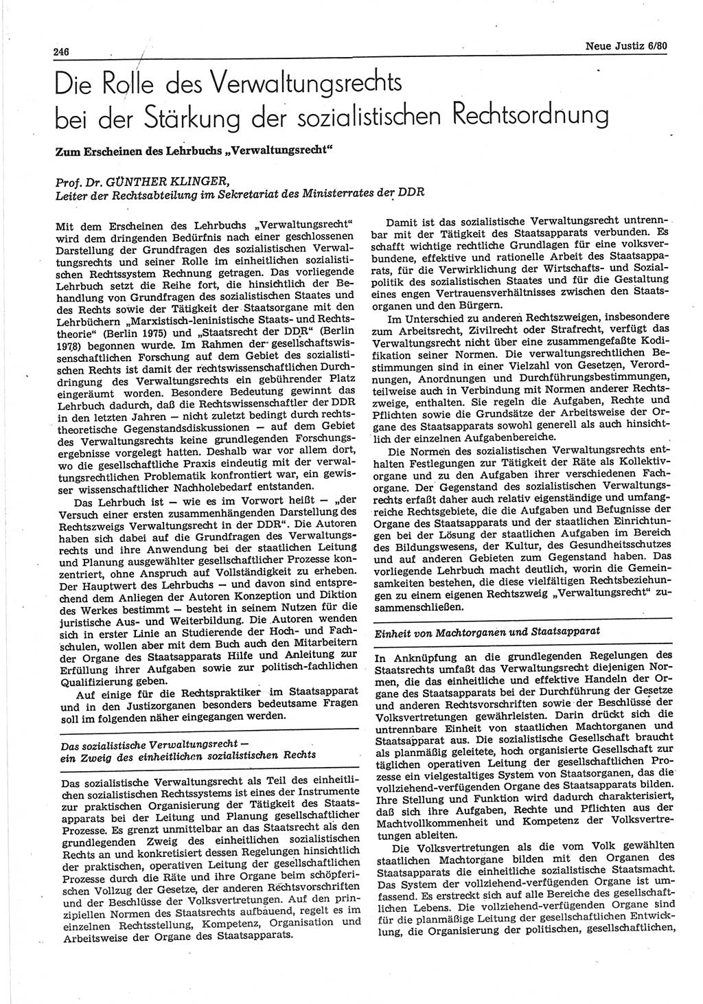 Neue Justiz (NJ), Zeitschrift für sozialistisches Recht und Gesetzlichkeit [Deutsche Demokratische Republik (DDR)], 34. Jahrgang 1980, Seite 246 (NJ DDR 1980, S. 246)