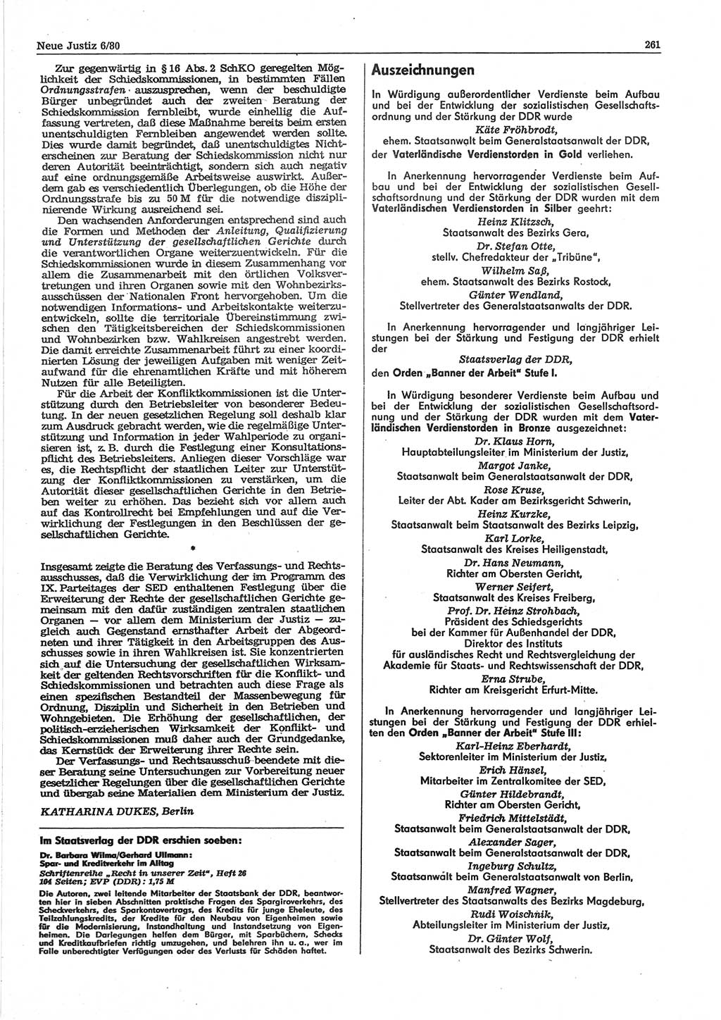 Neue Justiz (NJ), Zeitschrift für sozialistisches Recht und Gesetzlichkeit [Deutsche Demokratische Republik (DDR)], 34. Jahrgang 1980, Seite 261 (NJ DDR 1980, S. 261)