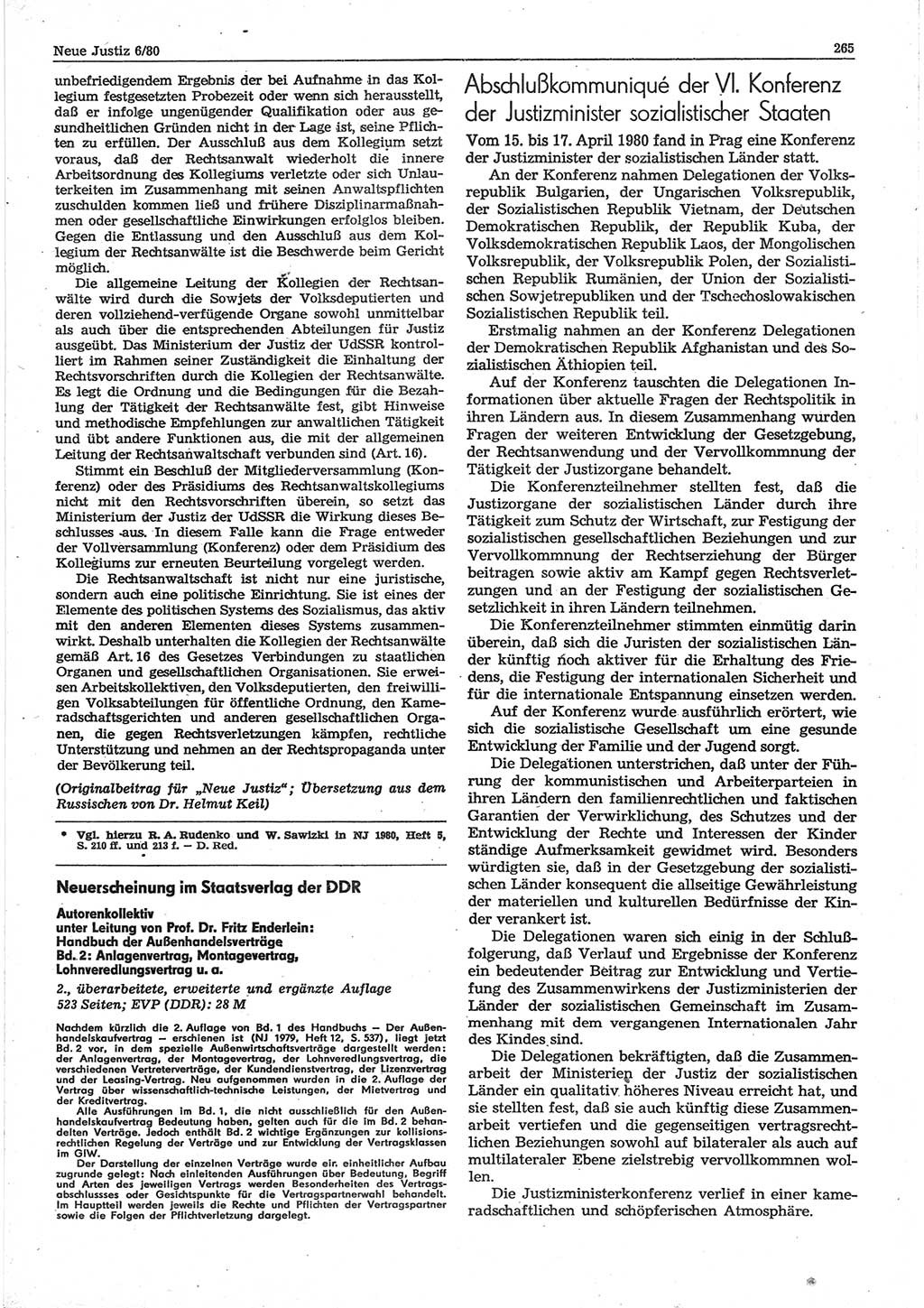 Neue Justiz (NJ), Zeitschrift für sozialistisches Recht und Gesetzlichkeit [Deutsche Demokratische Republik (DDR)], 34. Jahrgang 1980, Seite 265 (NJ DDR 1980, S. 265)