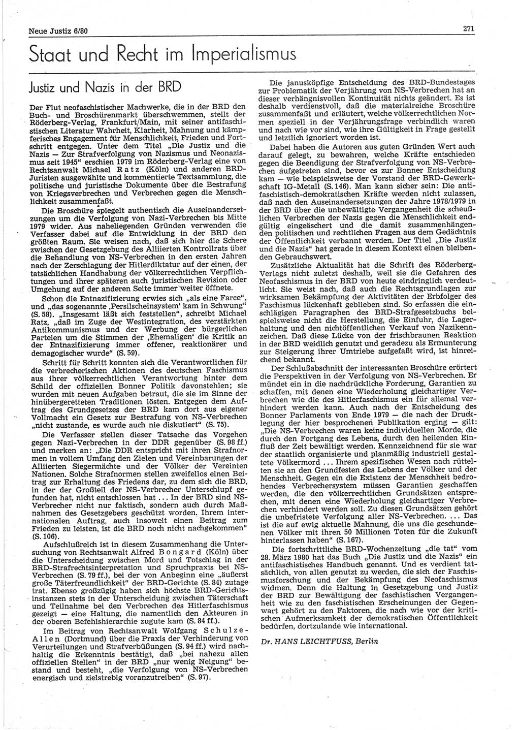 Neue Justiz (NJ), Zeitschrift für sozialistisches Recht und Gesetzlichkeit [Deutsche Demokratische Republik (DDR)], 34. Jahrgang 1980, Seite 271 (NJ DDR 1980, S. 271)