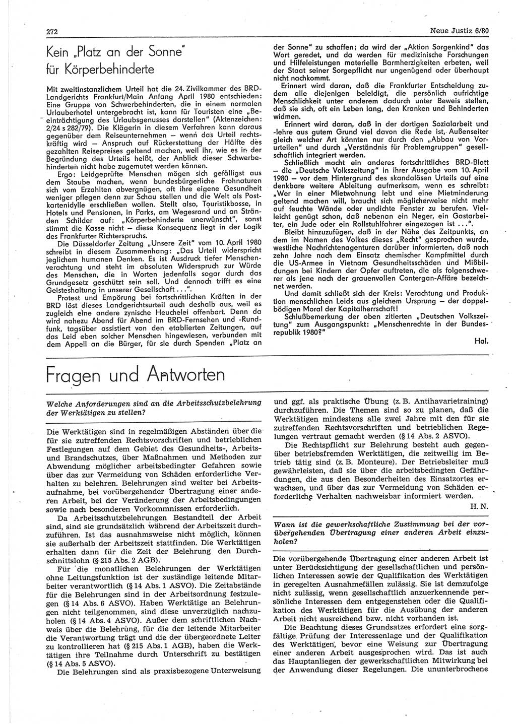 Neue Justiz (NJ), Zeitschrift für sozialistisches Recht und Gesetzlichkeit [Deutsche Demokratische Republik (DDR)], 34. Jahrgang 1980, Seite 272 (NJ DDR 1980, S. 272)