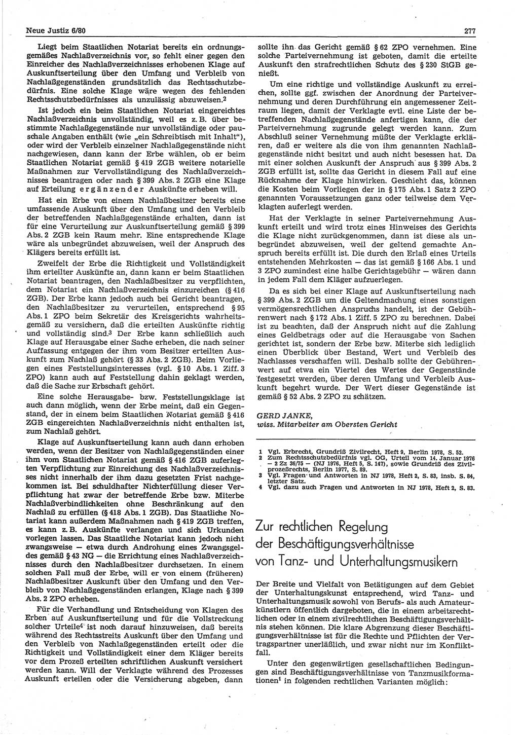 Neue Justiz (NJ), Zeitschrift für sozialistisches Recht und Gesetzlichkeit [Deutsche Demokratische Republik (DDR)], 34. Jahrgang 1980, Seite 277 (NJ DDR 1980, S. 277)