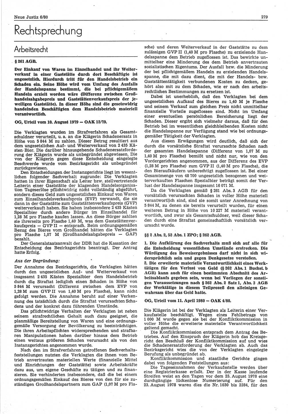 Neue Justiz (NJ), Zeitschrift für sozialistisches Recht und Gesetzlichkeit [Deutsche Demokratische Republik (DDR)], 34. Jahrgang 1980, Seite 279 (NJ DDR 1980, S. 279)