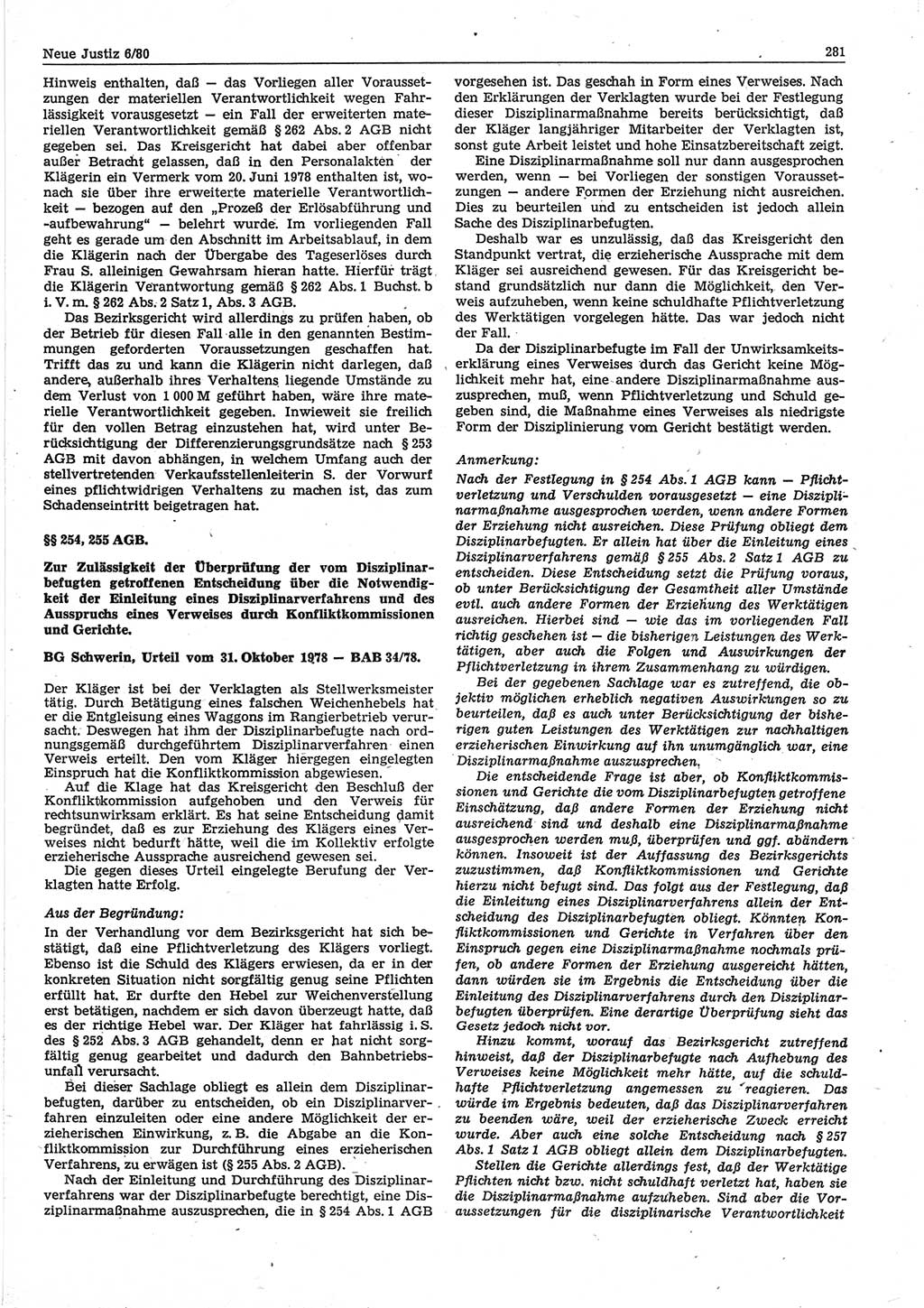 Neue Justiz (NJ), Zeitschrift für sozialistisches Recht und Gesetzlichkeit [Deutsche Demokratische Republik (DDR)], 34. Jahrgang 1980, Seite 281 (NJ DDR 1980, S. 281)