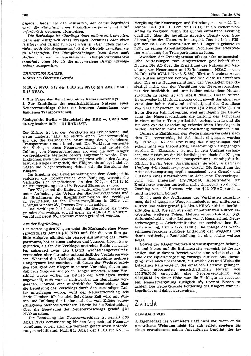 Neue Justiz (NJ), Zeitschrift für sozialistisches Recht und Gesetzlichkeit [Deutsche Demokratische Republik (DDR)], 34. Jahrgang 1980, Seite 282 (NJ DDR 1980, S. 282)
