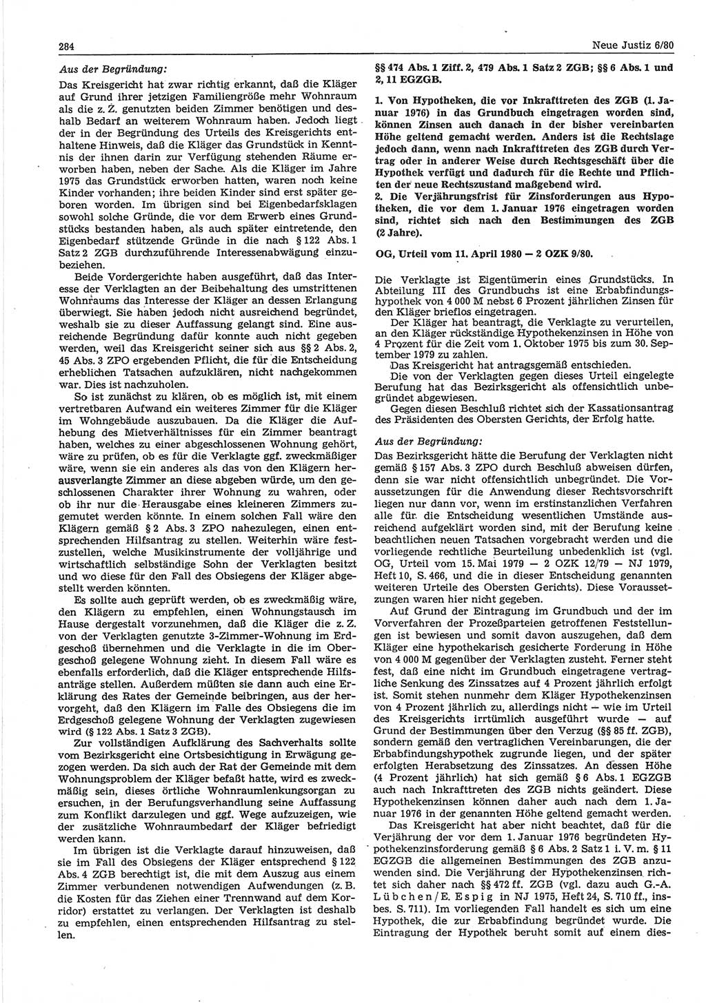 Neue Justiz (NJ), Zeitschrift für sozialistisches Recht und Gesetzlichkeit [Deutsche Demokratische Republik (DDR)], 34. Jahrgang 1980, Seite 284 (NJ DDR 1980, S. 284)