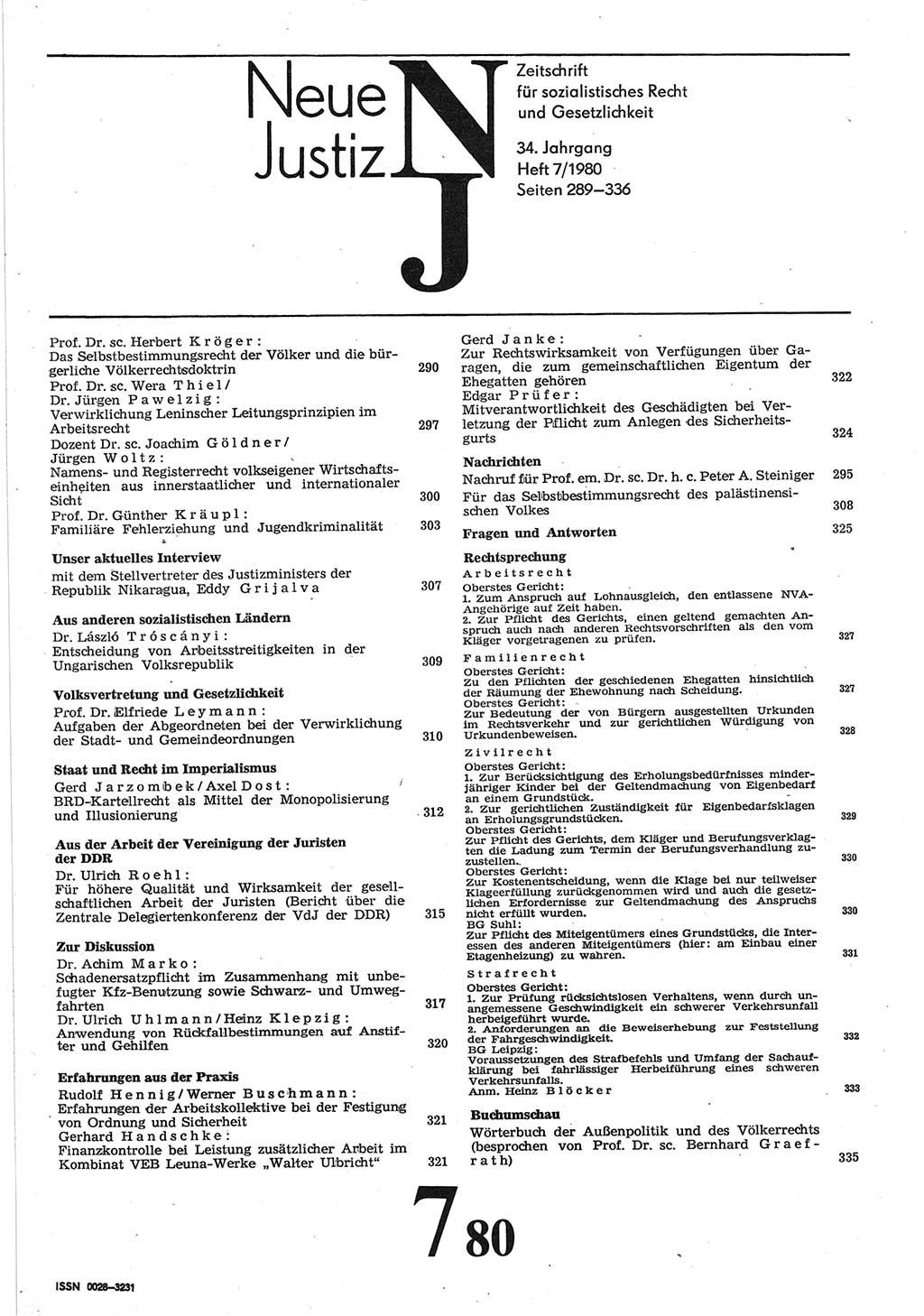 Neue Justiz (NJ), Zeitschrift für sozialistisches Recht und Gesetzlichkeit [Deutsche Demokratische Republik (DDR)], 34. Jahrgang 1980, Seite 289 (NJ DDR 1980, S. 289)