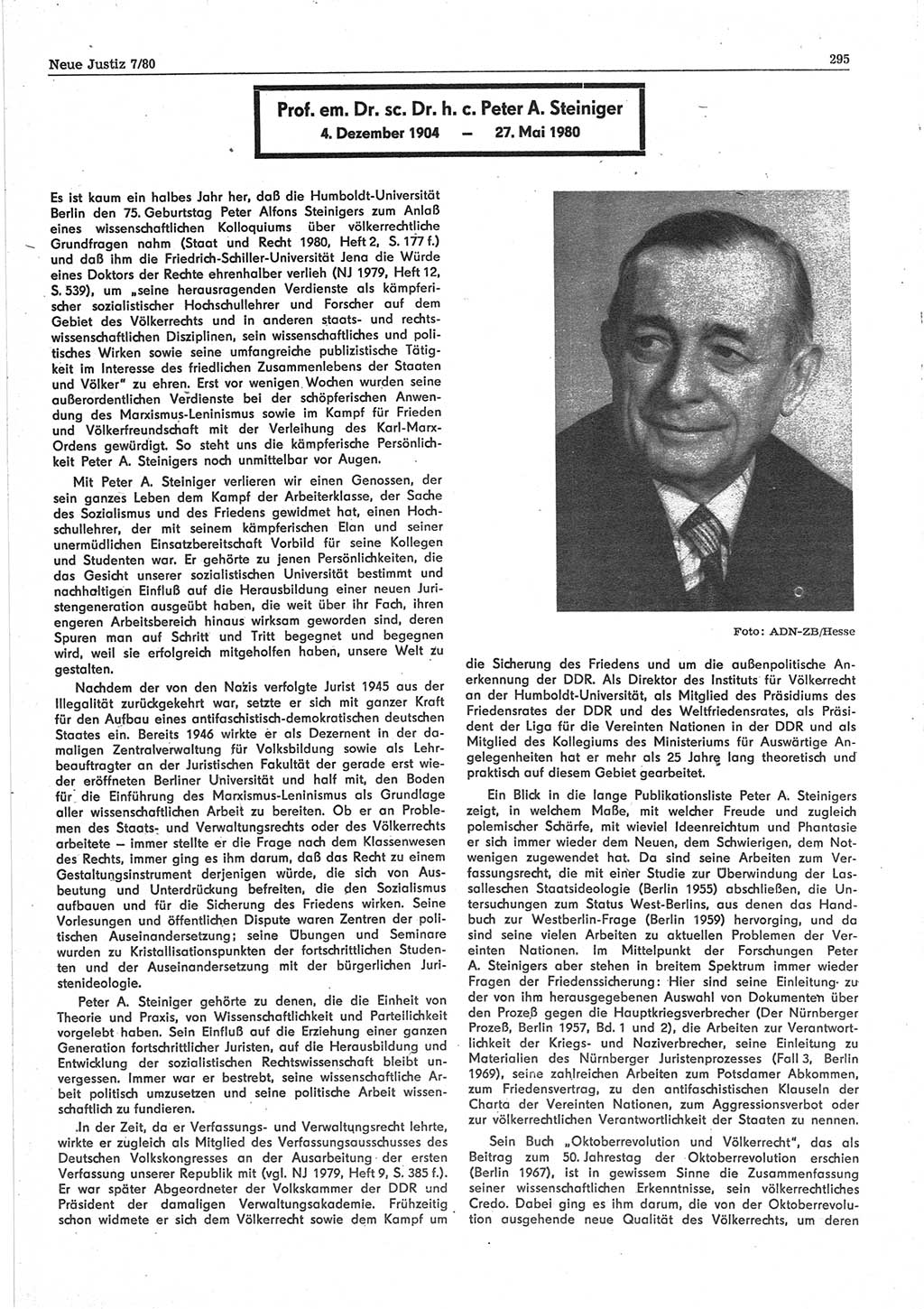 Neue Justiz (NJ), Zeitschrift für sozialistisches Recht und Gesetzlichkeit [Deutsche Demokratische Republik (DDR)], 34. Jahrgang 1980, Seite 295 (NJ DDR 1980, S. 295)