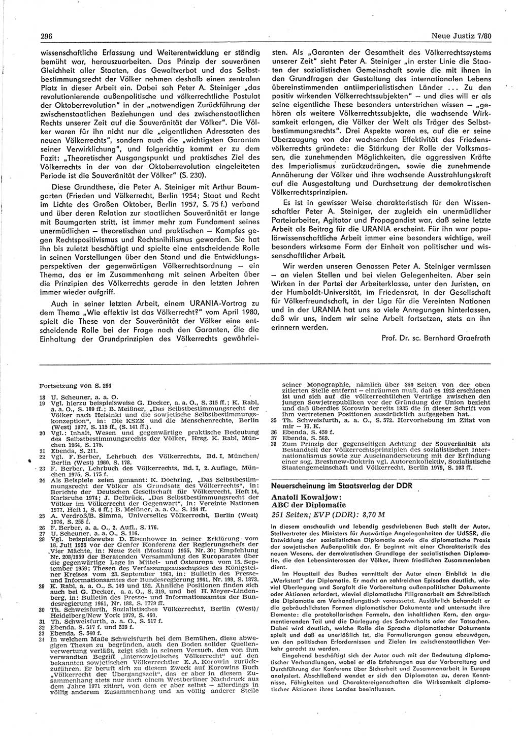 Neue Justiz (NJ), Zeitschrift für sozialistisches Recht und Gesetzlichkeit [Deutsche Demokratische Republik (DDR)], 34. Jahrgang 1980, Seite 296 (NJ DDR 1980, S. 296)