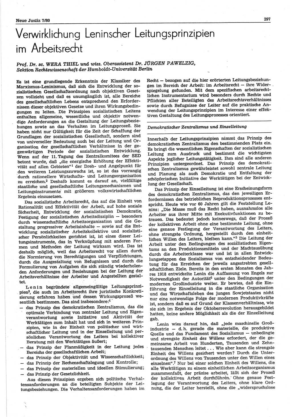 Neue Justiz (NJ), Zeitschrift für sozialistisches Recht und Gesetzlichkeit [Deutsche Demokratische Republik (DDR)], 34. Jahrgang 1980, Seite 297 (NJ DDR 1980, S. 297)