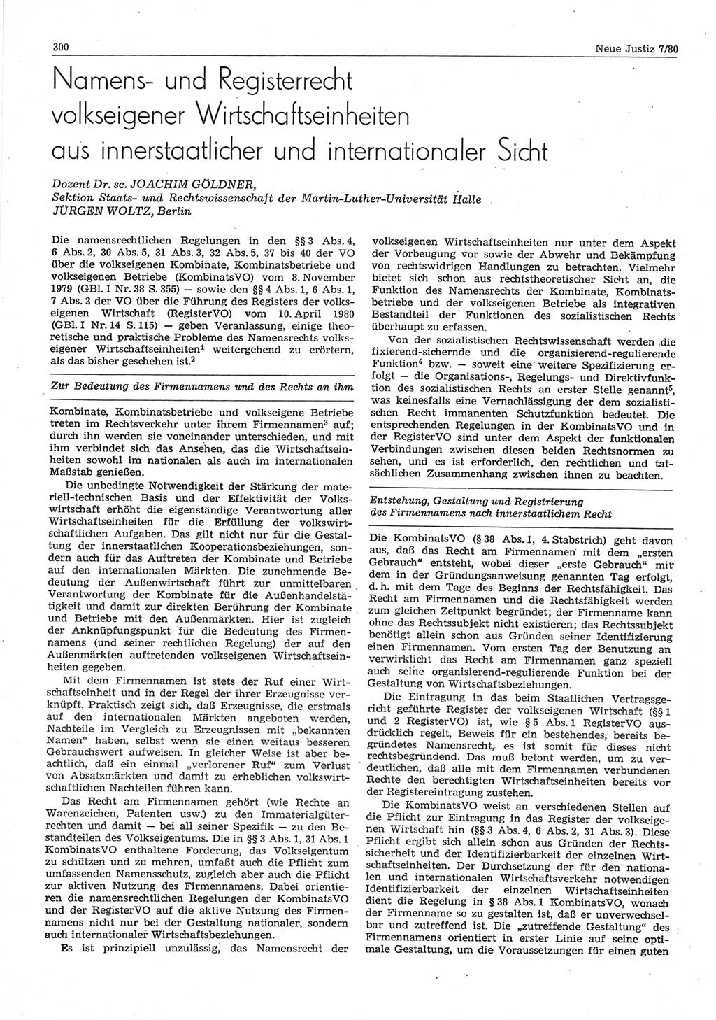 Neue Justiz (NJ), Zeitschrift für sozialistisches Recht und Gesetzlichkeit [Deutsche Demokratische Republik (DDR)], 34. Jahrgang 1980, Seite 300 (NJ DDR 1980, S. 300)