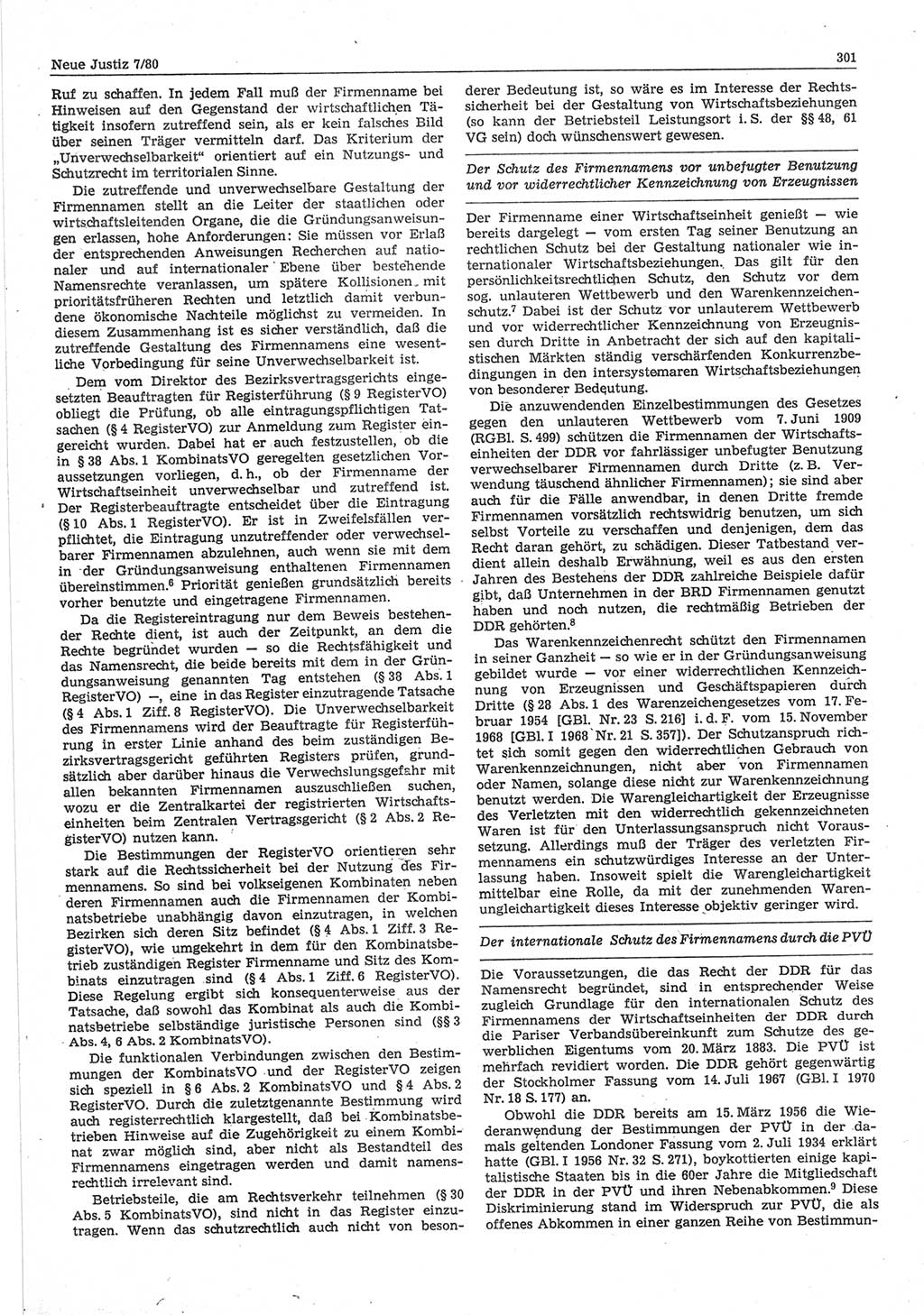 Neue Justiz (NJ), Zeitschrift für sozialistisches Recht und Gesetzlichkeit [Deutsche Demokratische Republik (DDR)], 34. Jahrgang 1980, Seite 301 (NJ DDR 1980, S. 301)