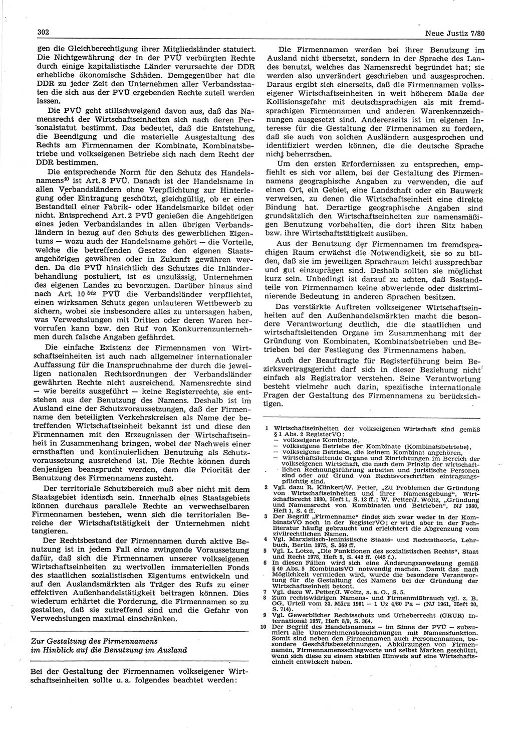 Neue Justiz (NJ), Zeitschrift für sozialistisches Recht und Gesetzlichkeit [Deutsche Demokratische Republik (DDR)], 34. Jahrgang 1980, Seite 302 (NJ DDR 1980, S. 302)