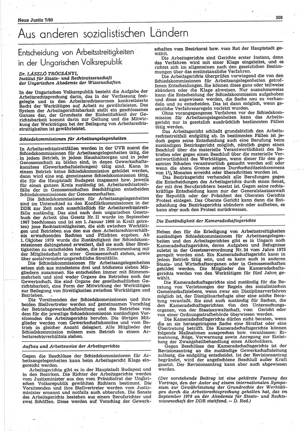 Neue Justiz (NJ), Zeitschrift für sozialistisches Recht und Gesetzlichkeit [Deutsche Demokratische Republik (DDR)], 34. Jahrgang 1980, Seite 309 (NJ DDR 1980, S. 309)