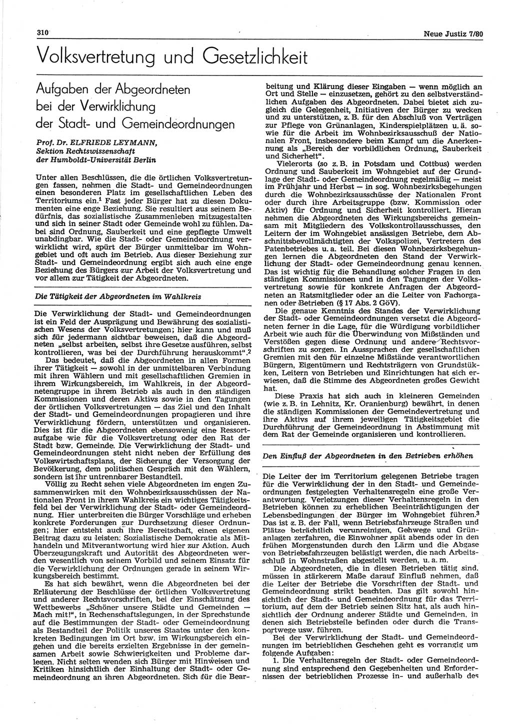 Neue Justiz (NJ), Zeitschrift für sozialistisches Recht und Gesetzlichkeit [Deutsche Demokratische Republik (DDR)], 34. Jahrgang 1980, Seite 310 (NJ DDR 1980, S. 310)