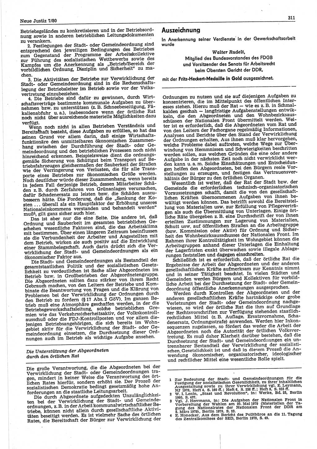 Neue Justiz (NJ), Zeitschrift für sozialistisches Recht und Gesetzlichkeit [Deutsche Demokratische Republik (DDR)], 34. Jahrgang 1980, Seite 311 (NJ DDR 1980, S. 311)