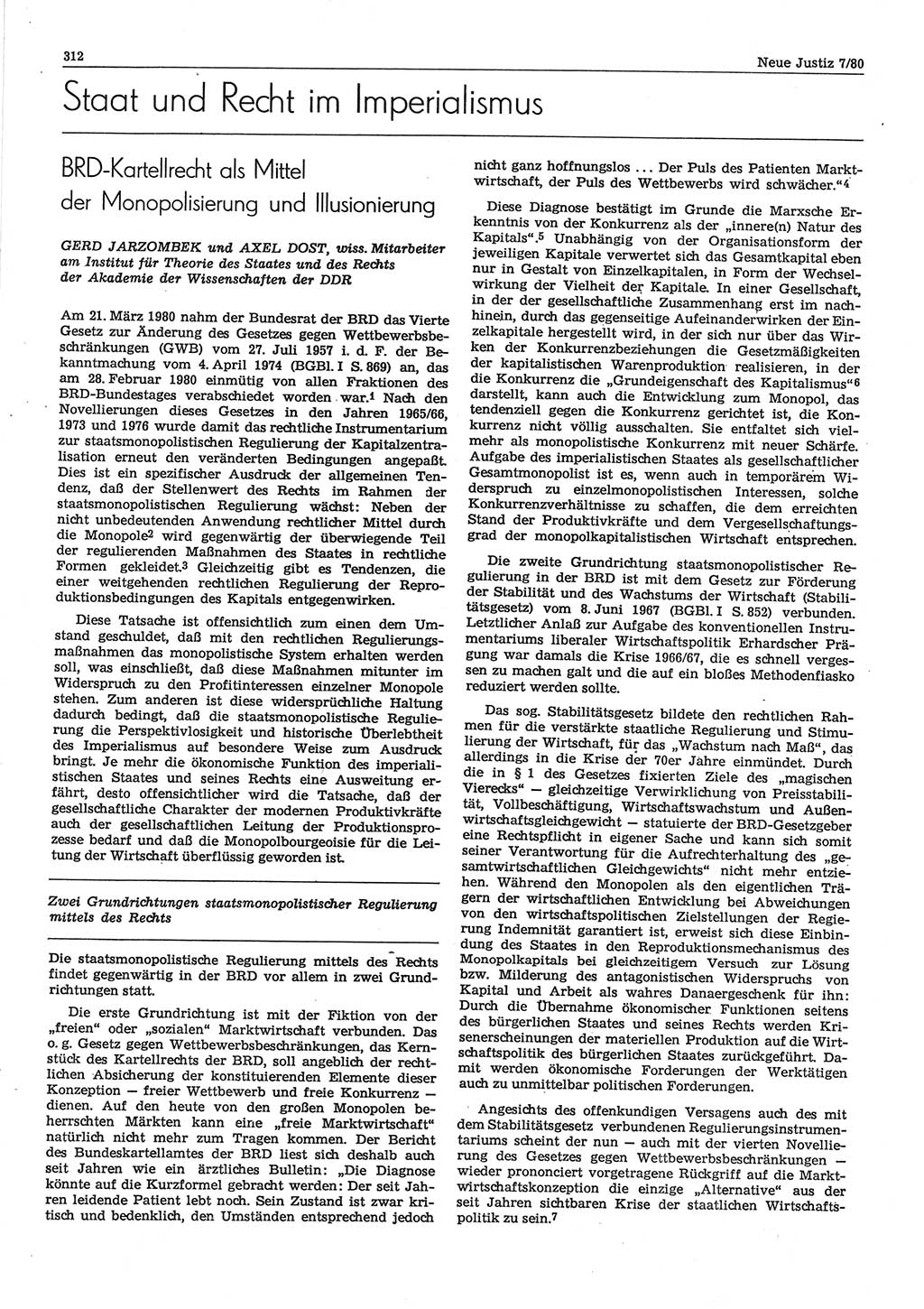 Neue Justiz (NJ), Zeitschrift für sozialistisches Recht und Gesetzlichkeit [Deutsche Demokratische Republik (DDR)], 34. Jahrgang 1980, Seite 312 (NJ DDR 1980, S. 312)
