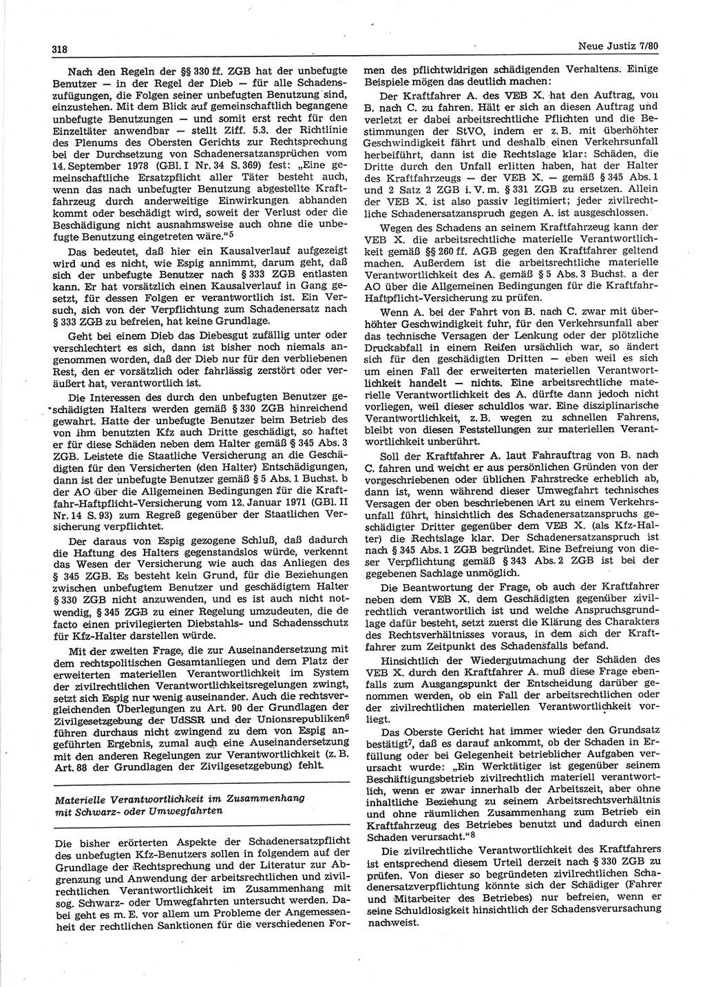 Neue Justiz (NJ), Zeitschrift für sozialistisches Recht und Gesetzlichkeit [Deutsche Demokratische Republik (DDR)], 34. Jahrgang 1980, Seite 318 (NJ DDR 1980, S. 318)