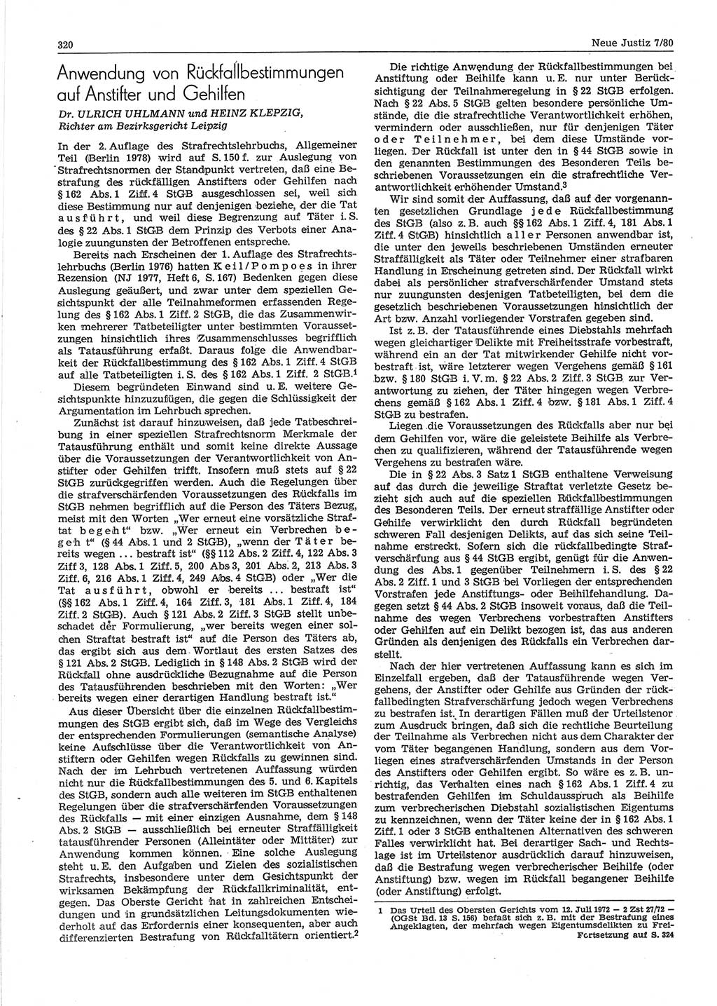 Neue Justiz (NJ), Zeitschrift für sozialistisches Recht und Gesetzlichkeit [Deutsche Demokratische Republik (DDR)], 34. Jahrgang 1980, Seite 320 (NJ DDR 1980, S. 320)