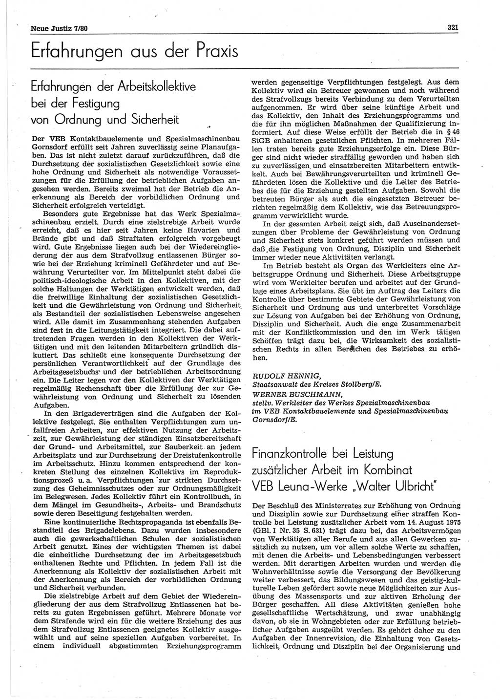 Neue Justiz (NJ), Zeitschrift für sozialistisches Recht und Gesetzlichkeit [Deutsche Demokratische Republik (DDR)], 34. Jahrgang 1980, Seite 321 (NJ DDR 1980, S. 321)