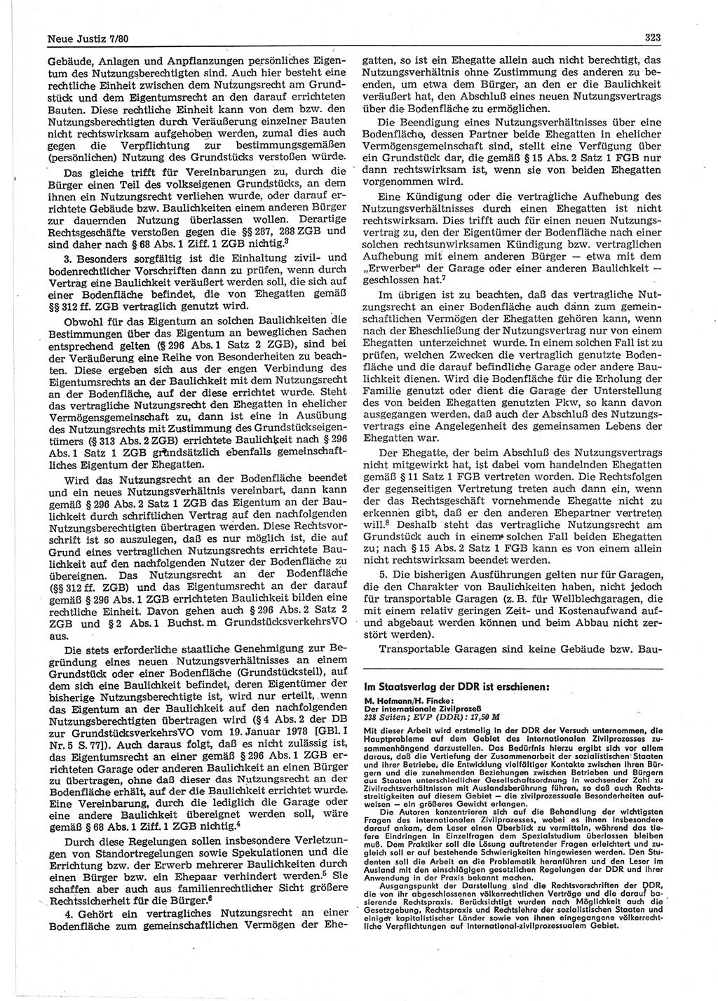 Neue Justiz (NJ), Zeitschrift für sozialistisches Recht und Gesetzlichkeit [Deutsche Demokratische Republik (DDR)], 34. Jahrgang 1980, Seite 323 (NJ DDR 1980, S. 323)