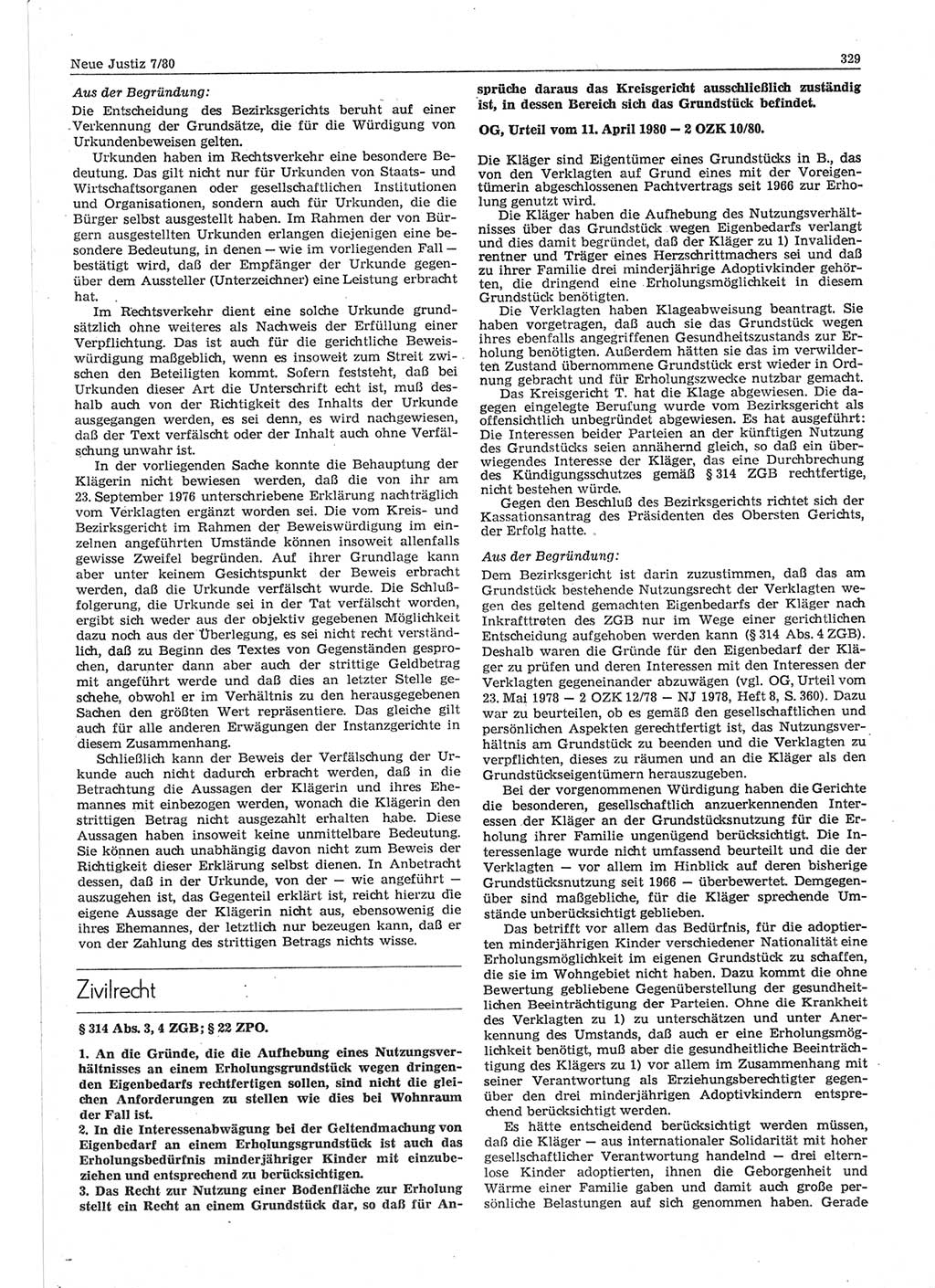 Neue Justiz (NJ), Zeitschrift für sozialistisches Recht und Gesetzlichkeit [Deutsche Demokratische Republik (DDR)], 34. Jahrgang 1980, Seite 329 (NJ DDR 1980, S. 329)