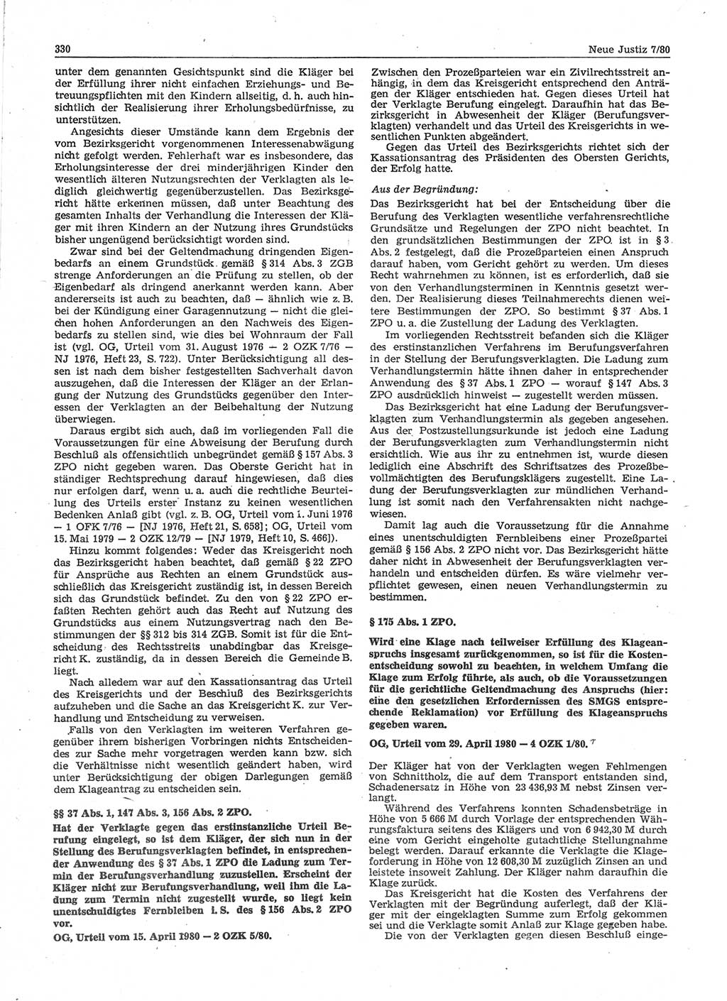 Neue Justiz (NJ), Zeitschrift für sozialistisches Recht und Gesetzlichkeit [Deutsche Demokratische Republik (DDR)], 34. Jahrgang 1980, Seite 330 (NJ DDR 1980, S. 330)