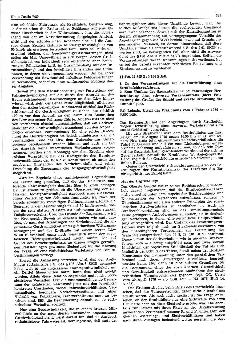 Neue Justiz (NJ), Zeitschrift für sozialistisches Recht und Gesetzlichkeit [Deutsche Demokratische Republik (DDR)], 34. Jahrgang 1980, Seite 333 (NJ DDR 1980, S. 333)