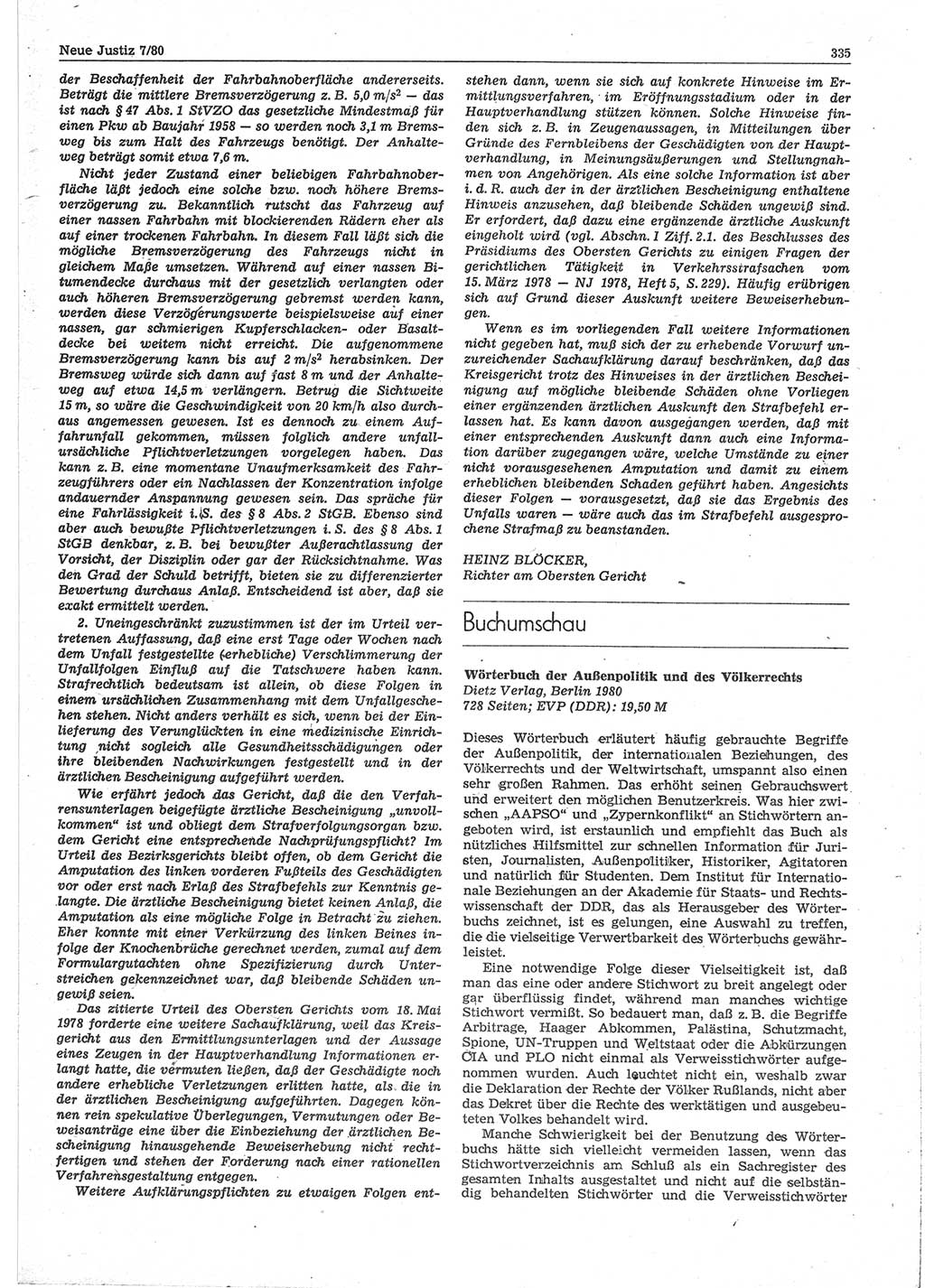 Neue Justiz (NJ), Zeitschrift für sozialistisches Recht und Gesetzlichkeit [Deutsche Demokratische Republik (DDR)], 34. Jahrgang 1980, Seite 335 (NJ DDR 1980, S. 335)