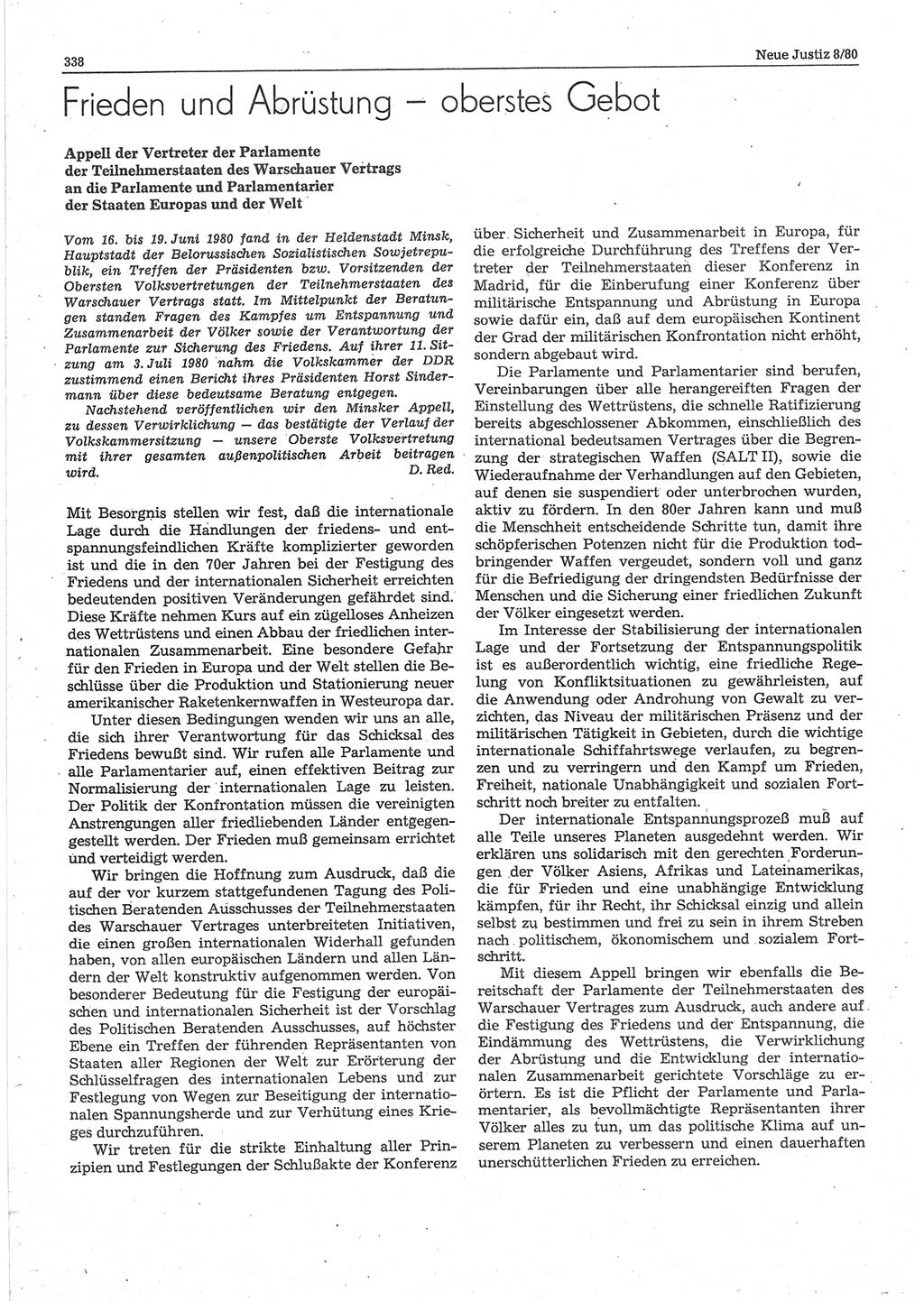 Neue Justiz (NJ), Zeitschrift für sozialistisches Recht und Gesetzlichkeit [Deutsche Demokratische Republik (DDR)], 34. Jahrgang 1980, Seite 338 (NJ DDR 1980, S. 338)