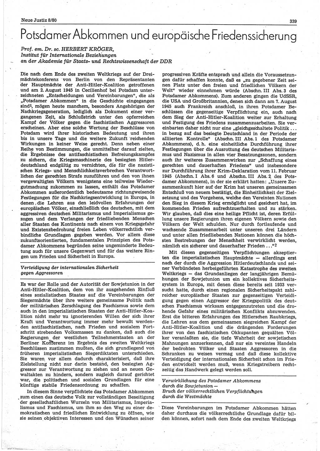 Neue Justiz (NJ), Zeitschrift für sozialistisches Recht und Gesetzlichkeit [Deutsche Demokratische Republik (DDR)], 34. Jahrgang 1980, Seite 339 (NJ DDR 1980, S. 339)