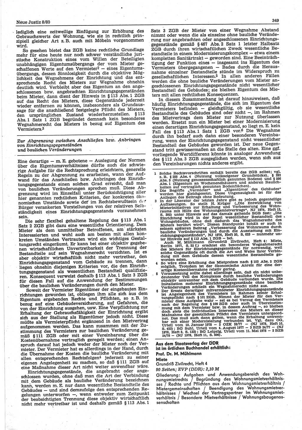 Neue Justiz (NJ), Zeitschrift für sozialistisches Recht und Gesetzlichkeit [Deutsche Demokratische Republik (DDR)], 34. Jahrgang 1980, Seite 349 (NJ DDR 1980, S. 349)