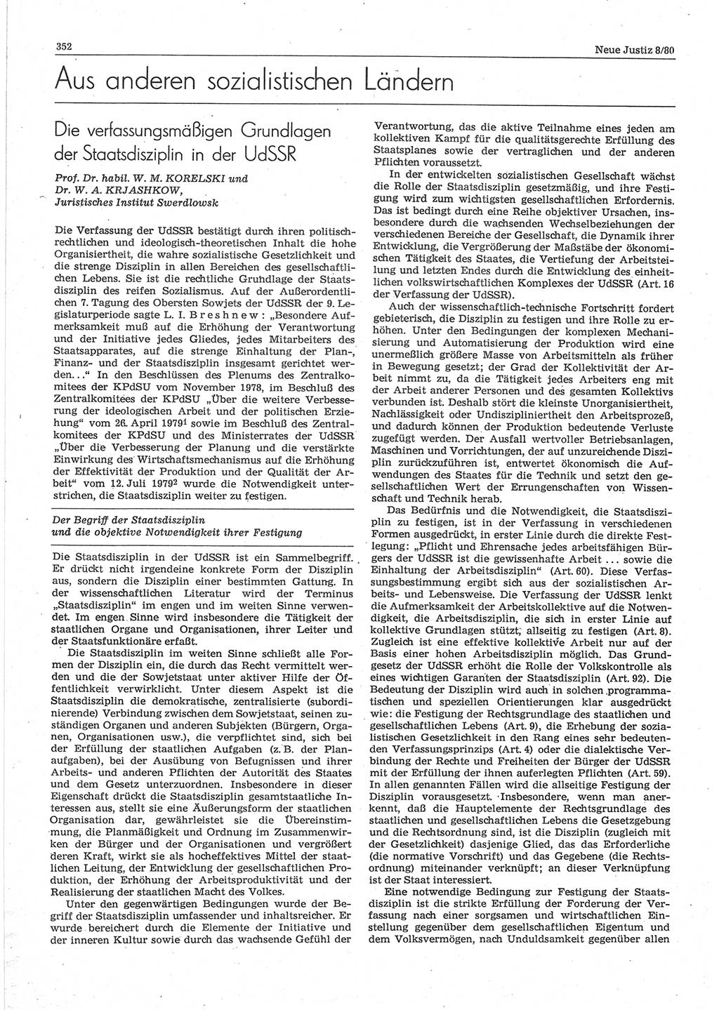 Neue Justiz (NJ), Zeitschrift für sozialistisches Recht und Gesetzlichkeit [Deutsche Demokratische Republik (DDR)], 34. Jahrgang 1980, Seite 352 (NJ DDR 1980, S. 352)