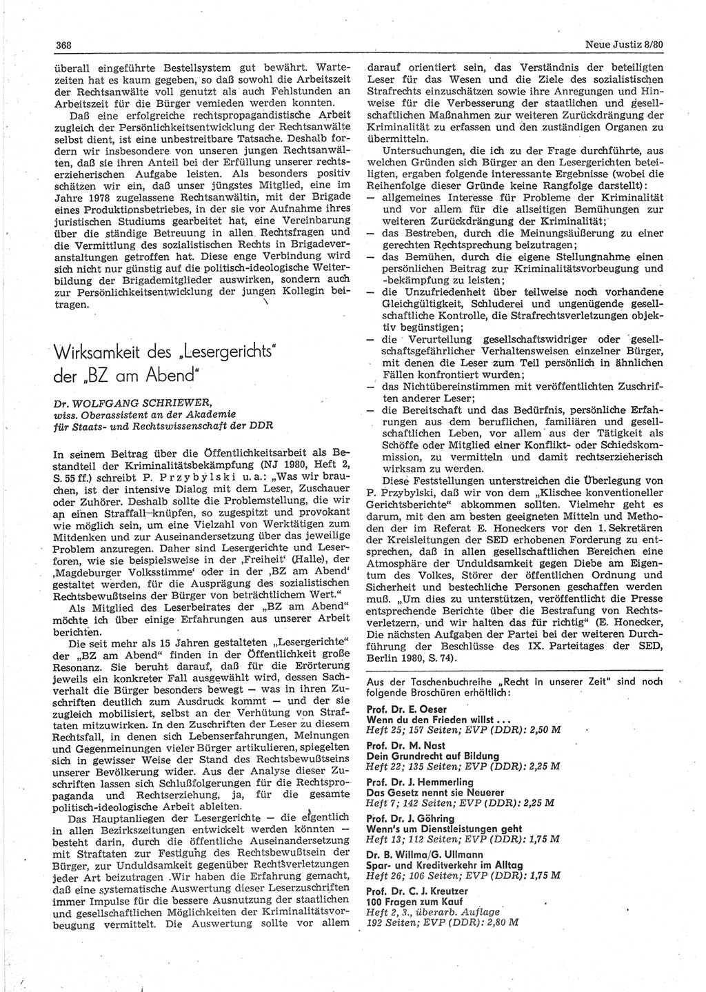 Neue Justiz (NJ), Zeitschrift für sozialistisches Recht und Gesetzlichkeit [Deutsche Demokratische Republik (DDR)], 34. Jahrgang 1980, Seite 368 (NJ DDR 1980, S. 368)