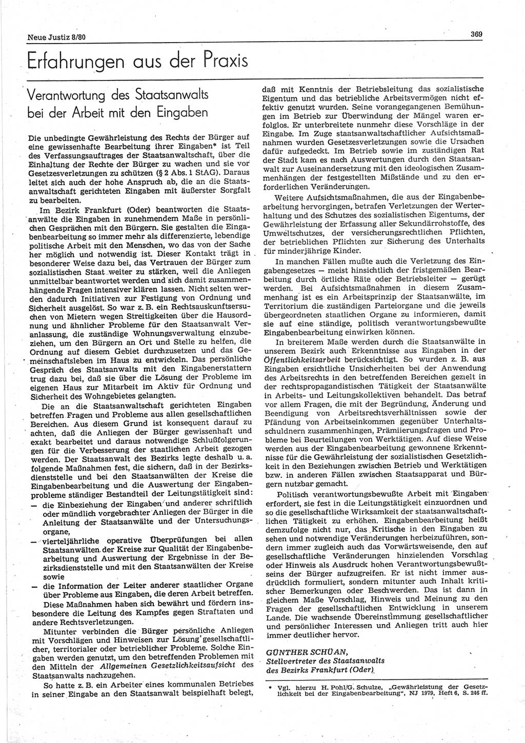 Neue Justiz (NJ), Zeitschrift für sozialistisches Recht und Gesetzlichkeit [Deutsche Demokratische Republik (DDR)], 34. Jahrgang 1980, Seite 369 (NJ DDR 1980, S. 369)