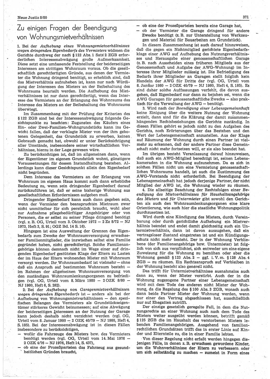 Neue Justiz (NJ), Zeitschrift für sozialistisches Recht und Gesetzlichkeit [Deutsche Demokratische Republik (DDR)], 34. Jahrgang 1980, Seite 371 (NJ DDR 1980, S. 371)