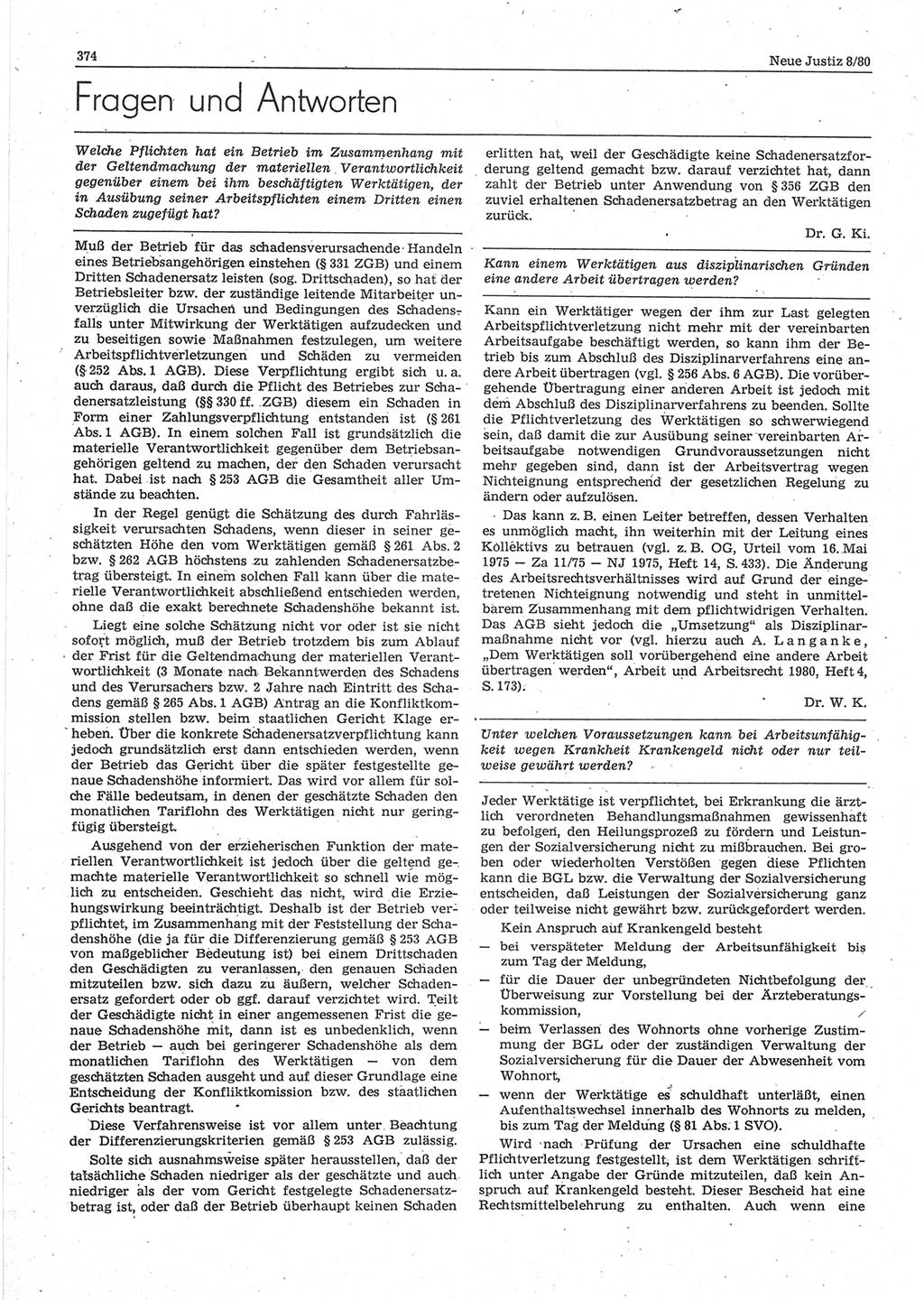 Neue Justiz (NJ), Zeitschrift für sozialistisches Recht und Gesetzlichkeit [Deutsche Demokratische Republik (DDR)], 34. Jahrgang 1980, Seite 374 (NJ DDR 1980, S. 374)